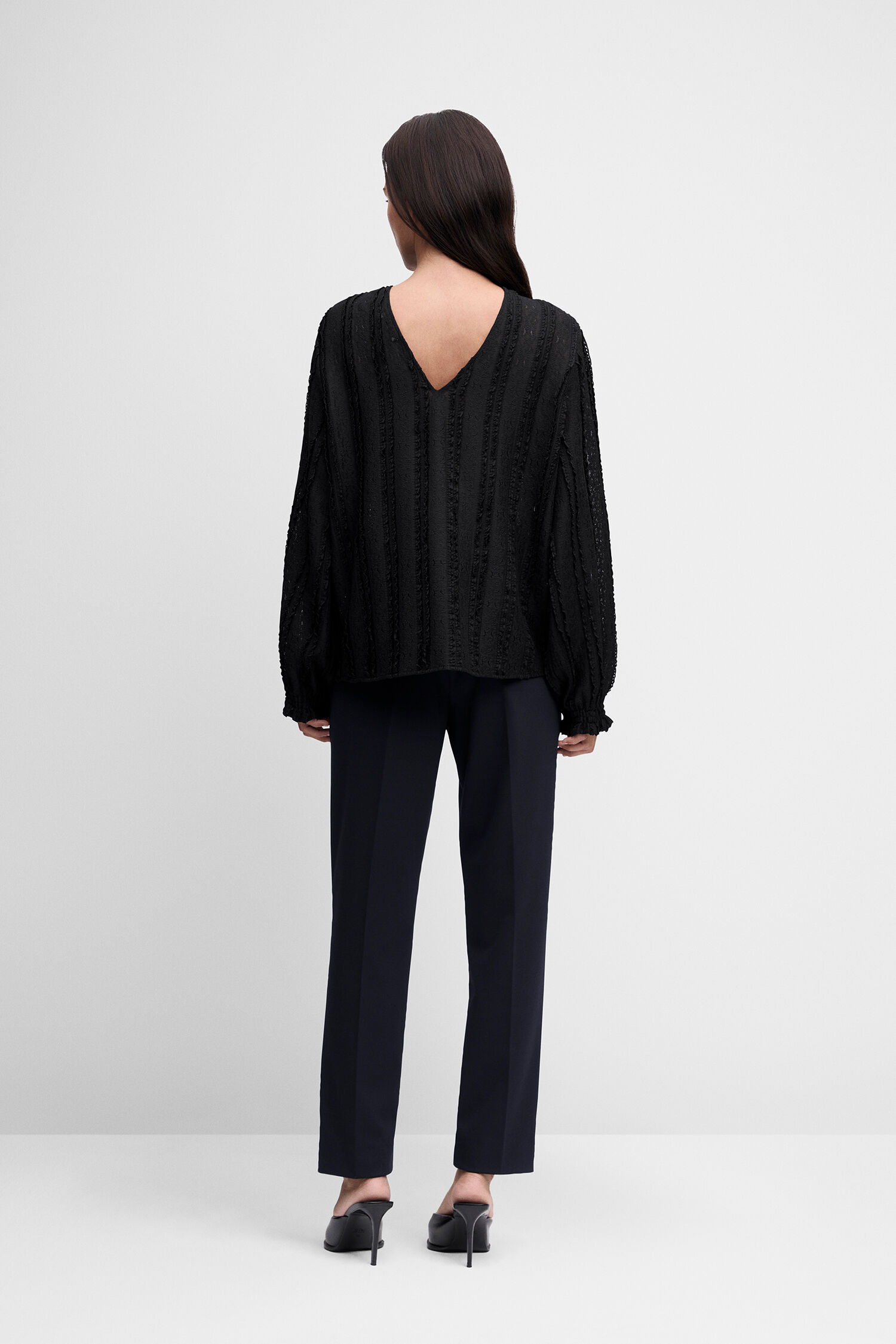 Bluse, Strickzug, V-Ausschnitt, Langarm, Schwarz