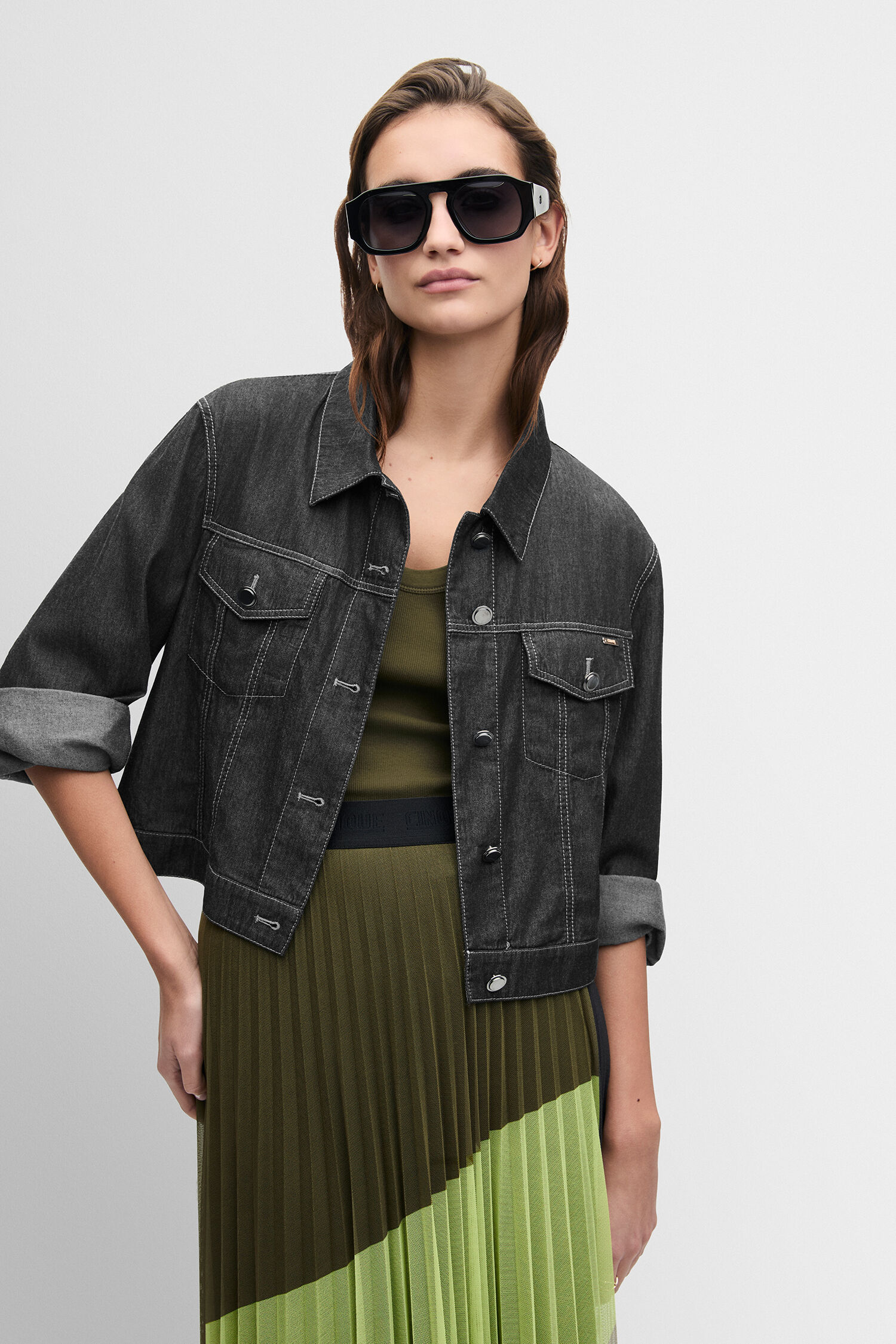 Denimjacke, Schwarz, Knopfleiste, Meshungrau, Oversized-Passform