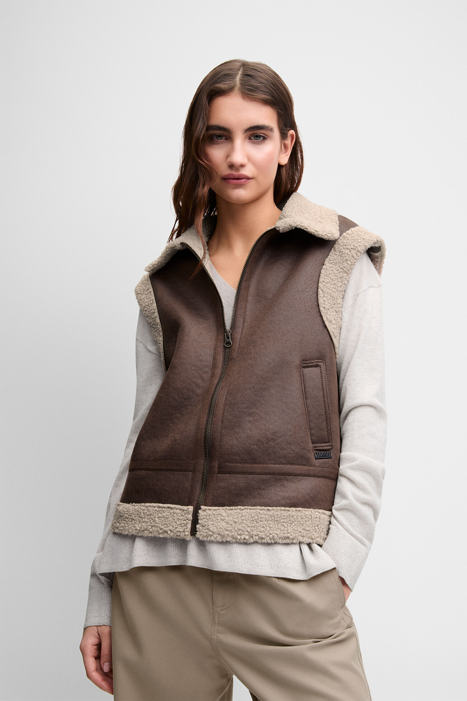 Weste, Schafwolloptik, Lederoptik, Reißverschluss, Fleece