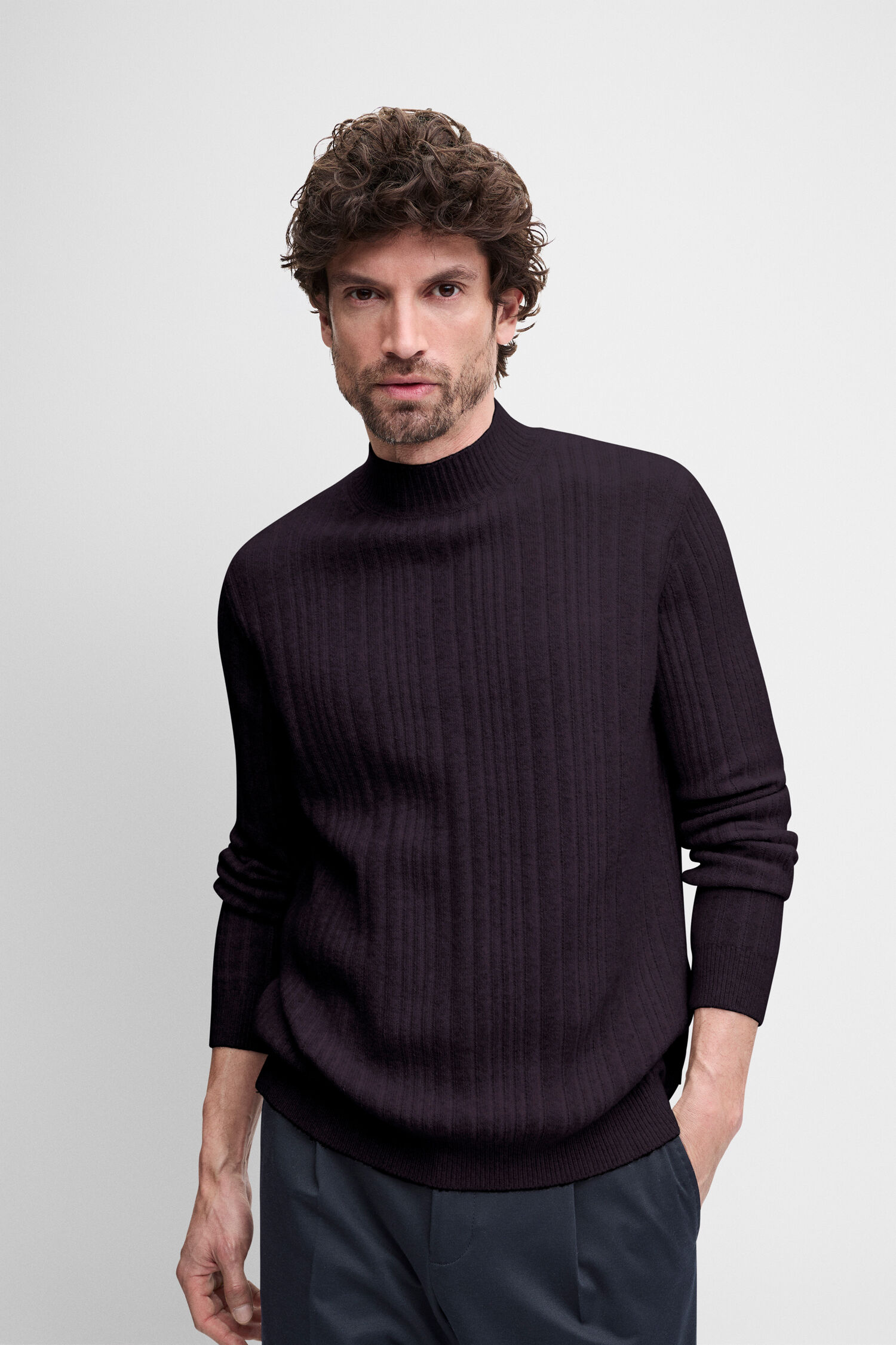 Strickpullover, Rundhals, Rippstrick, Langarm, Dunkelviolett