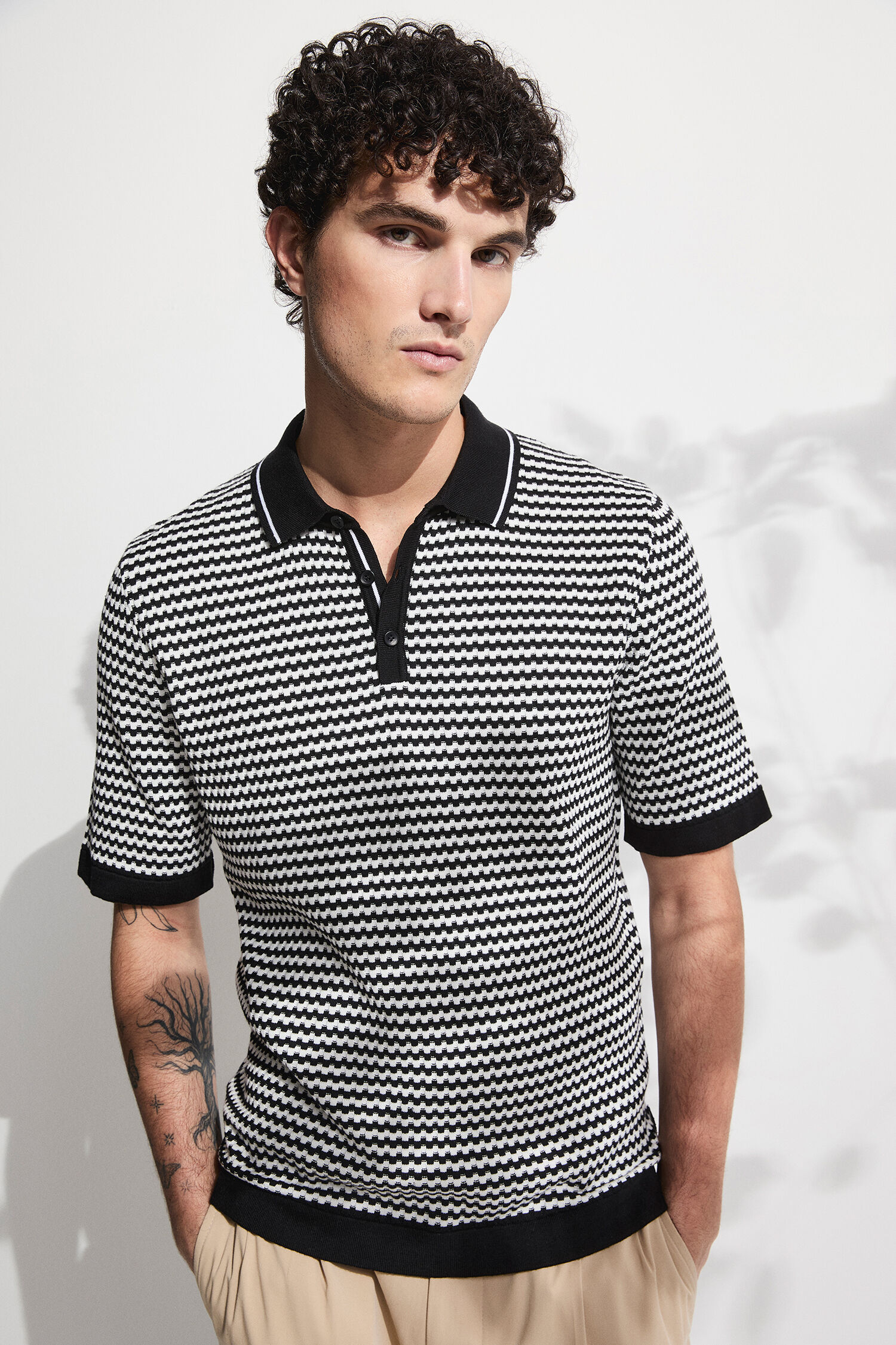 Polo, Streifen, Kragen, Kurzarm, Struktur - dunkelblau