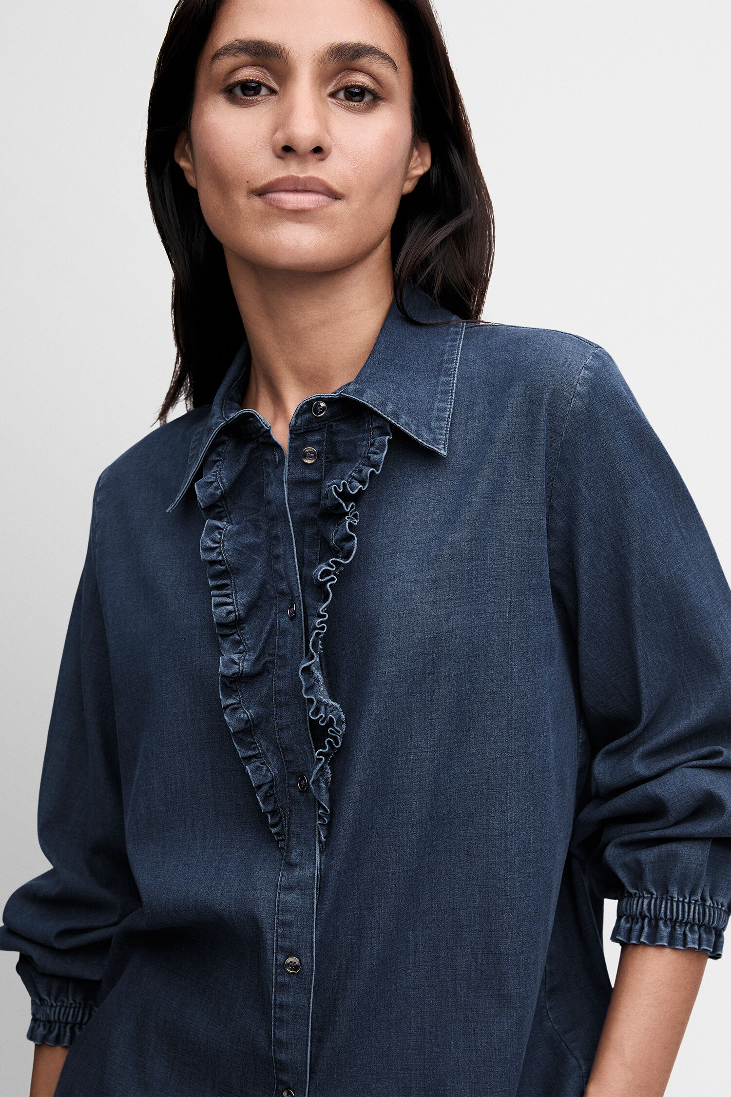 Denim Bluse, Rüschen, Knopfleiste, Langarm, Jeansstoff