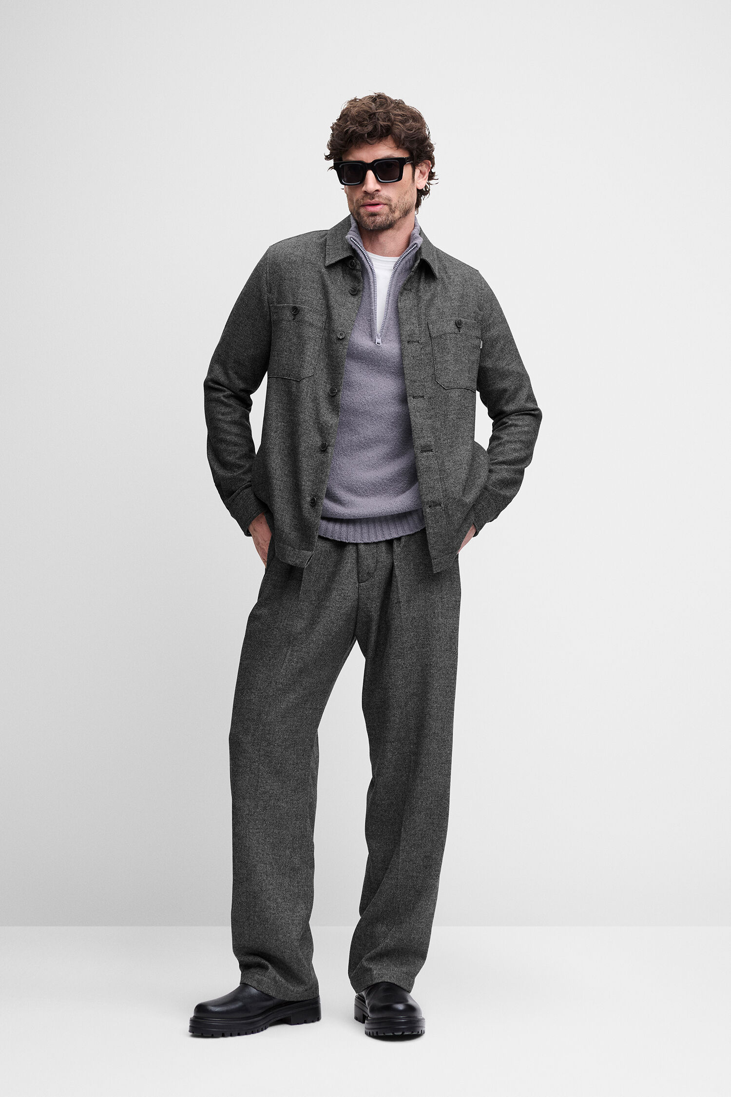 Hemdjacke, Woolen Jacket, Graues Set, Chino-Hose, Schnürschuhe