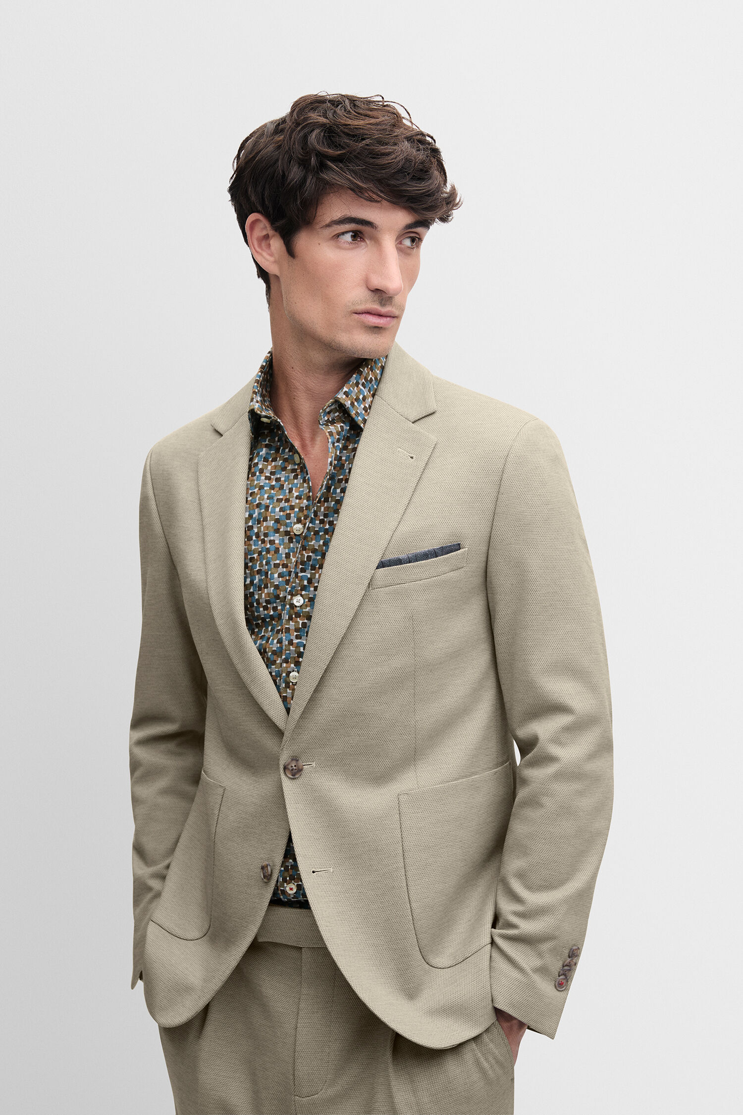 Beige Blazer, Linen Look, Pockets, Two Button, Patterned Shirt