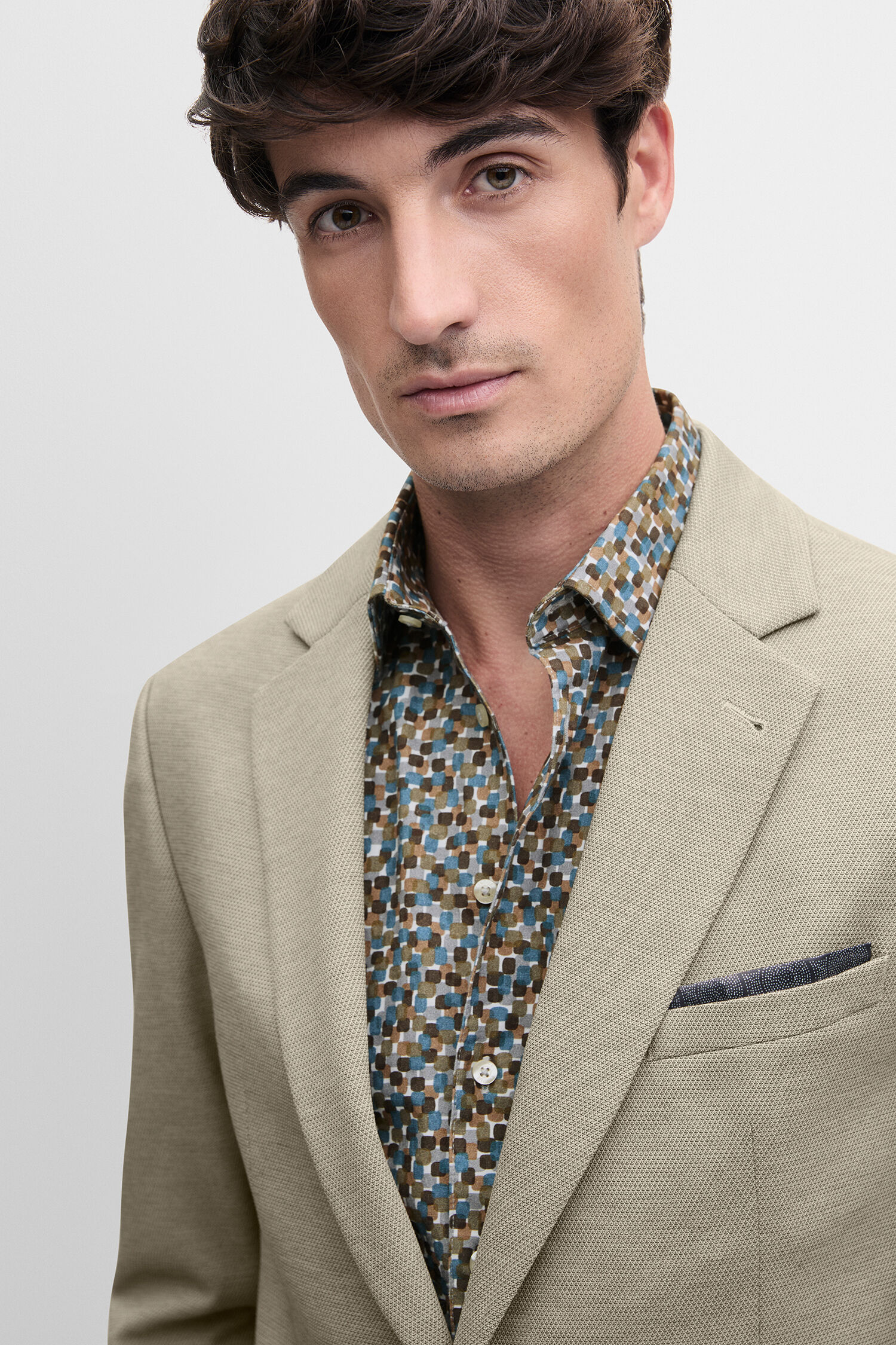 Beige Blazer, Linen Look, Pockets, Two Button, Patterned Shirt