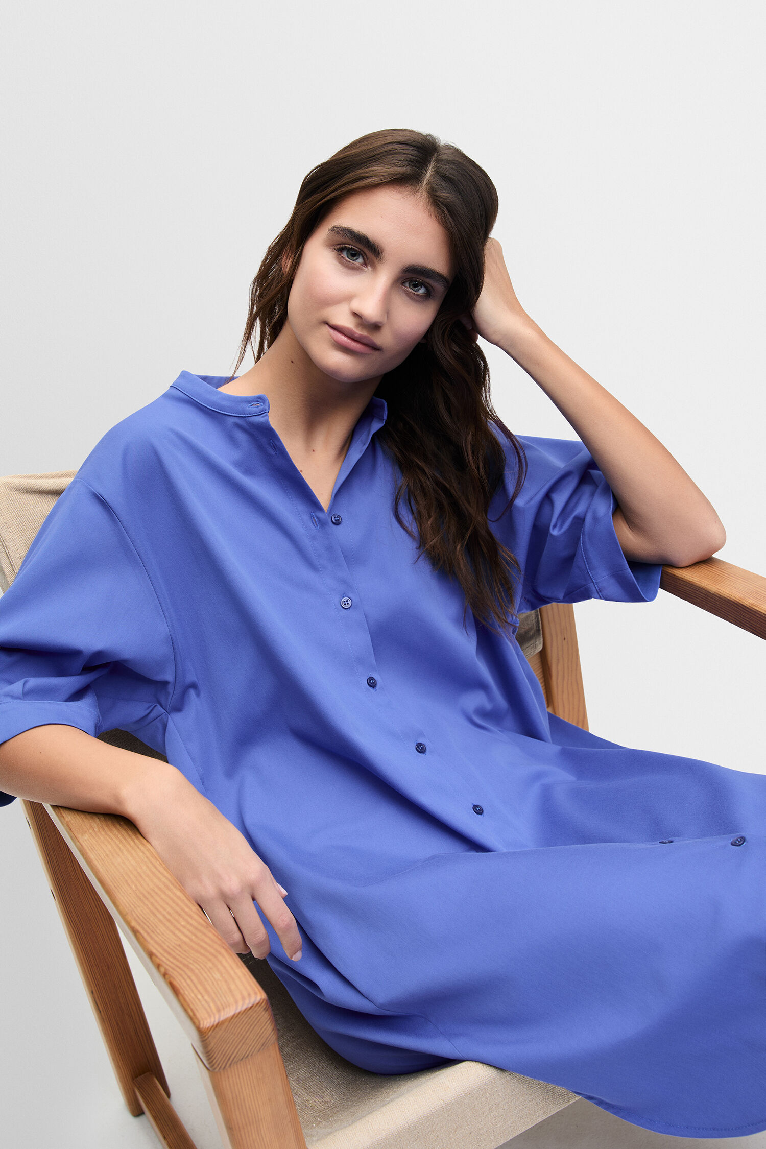 Kleid, lockere Passform, Blau, Knopfverschluss, knielang - blau