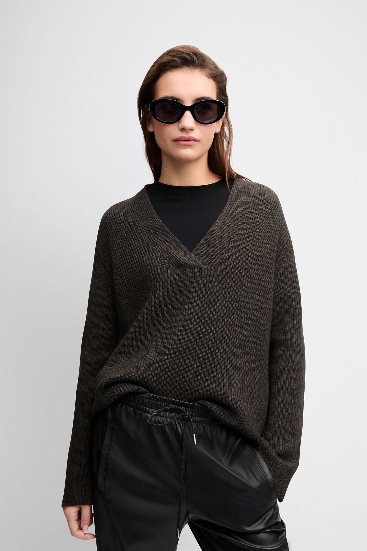V-Pullover, Wollpullover, Oversized, V-Ausschnitt, Mantelbraun