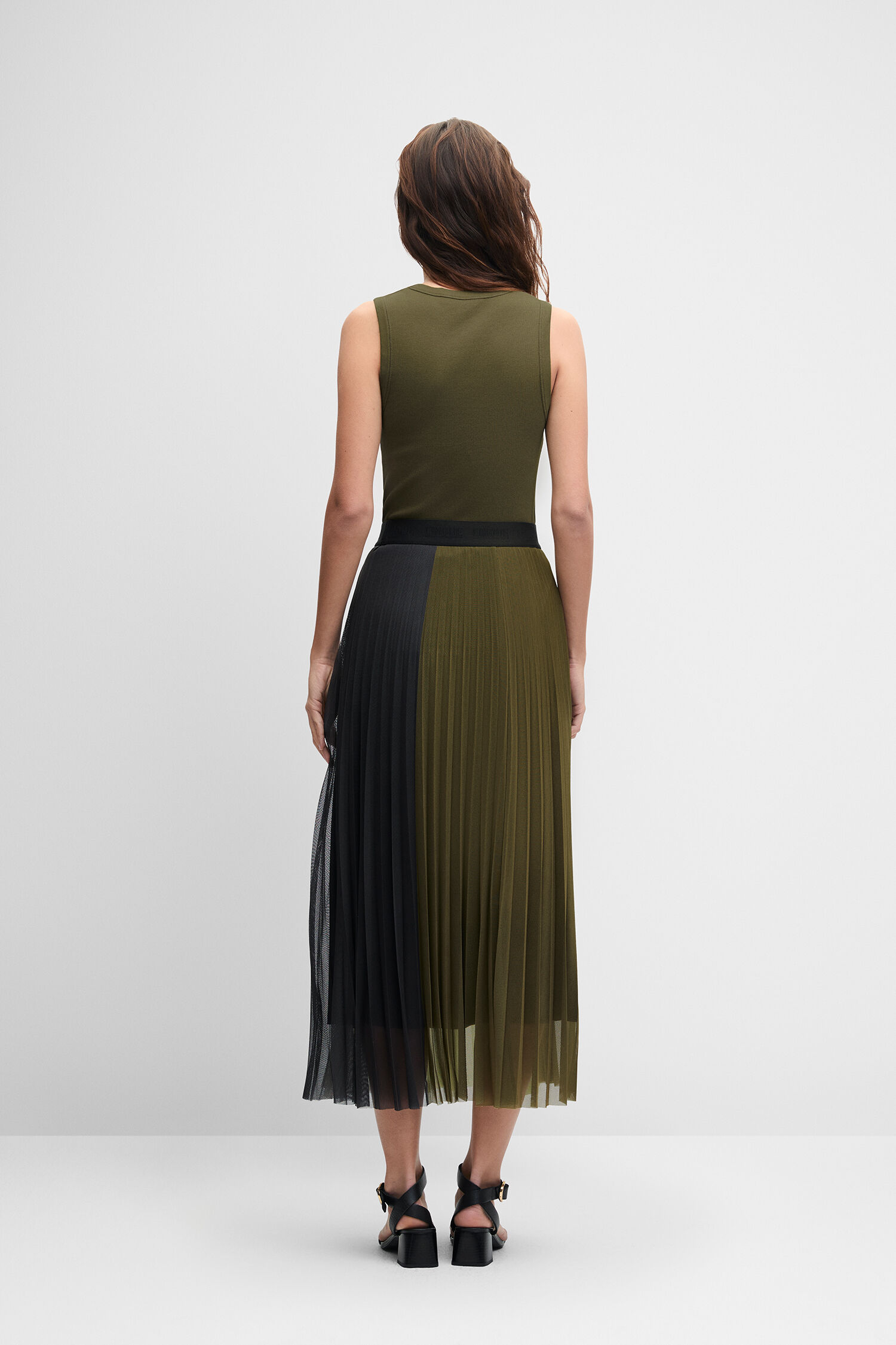 Kleid, Maxi, Geknöpft?, Plissee, Olivgrün/Schwarz