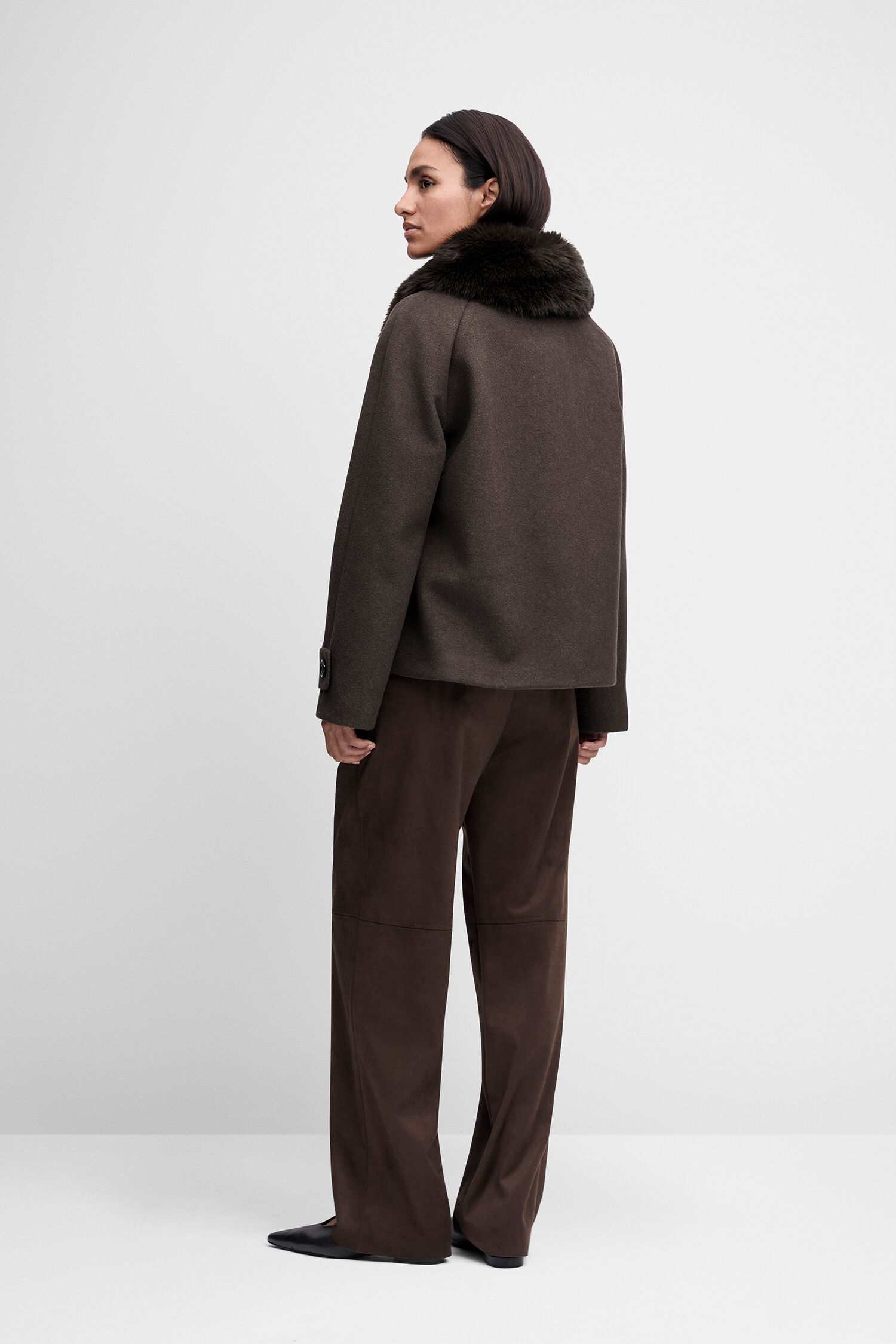Wollmantel, Pelzmantel, Braun, Oversized-Schnitt, Kragen aus Fell