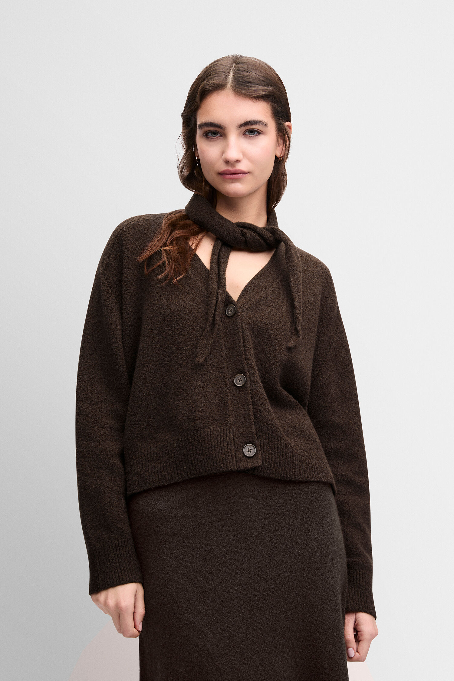 Cardigan, Brown, Knitted, Scarf, V-neck
