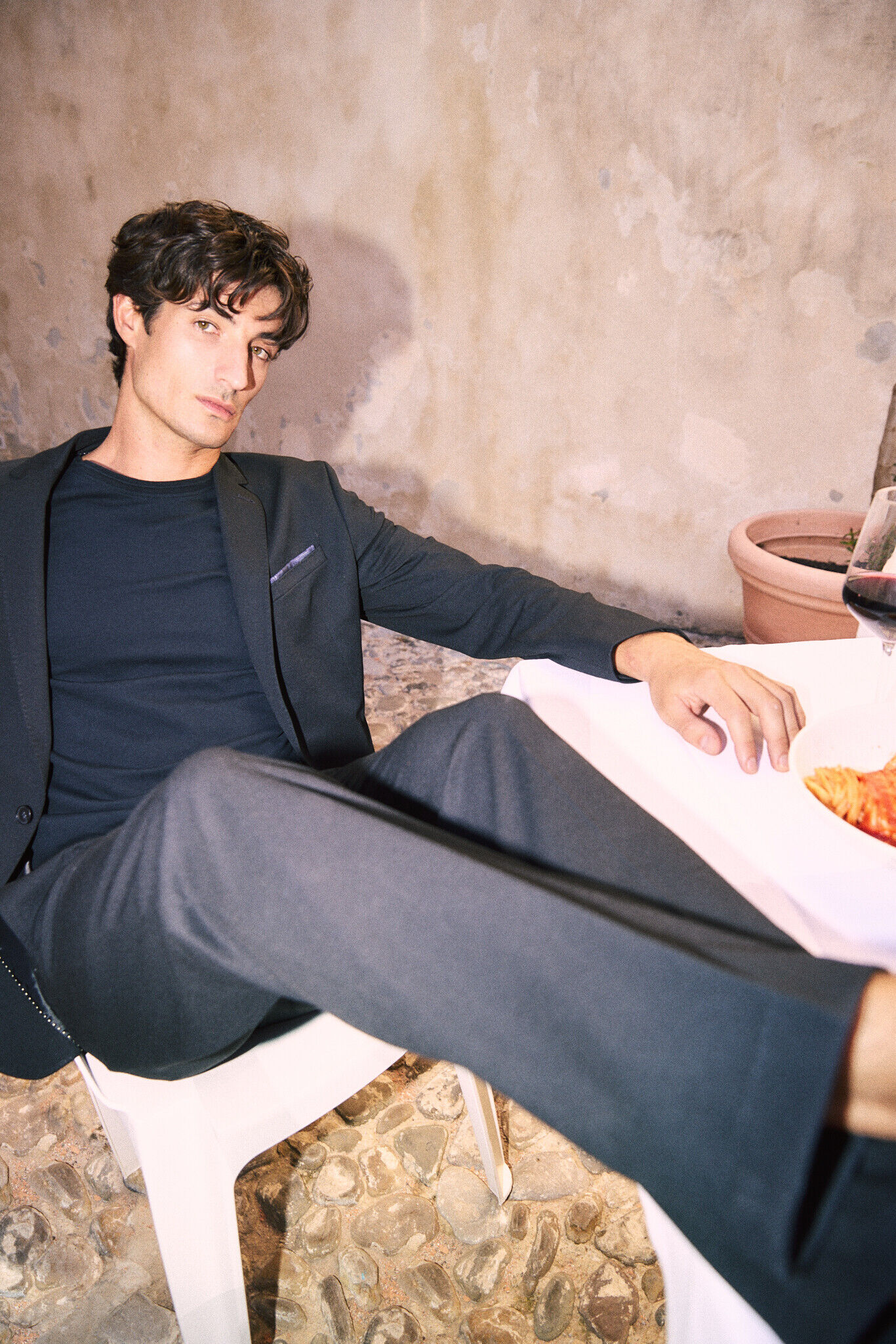 suit, blazer, navy, dress shirt, table setting