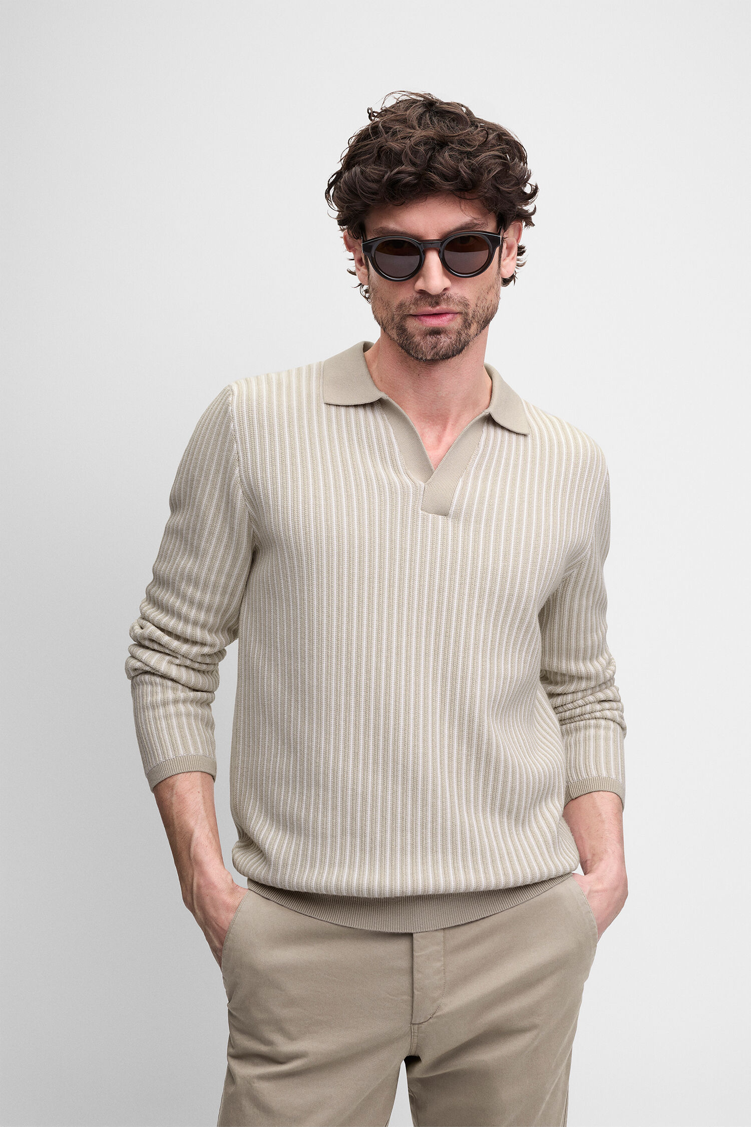 Pullover,  Streifenmuster,  Strickpullover,  beige,  Polo-Kragen