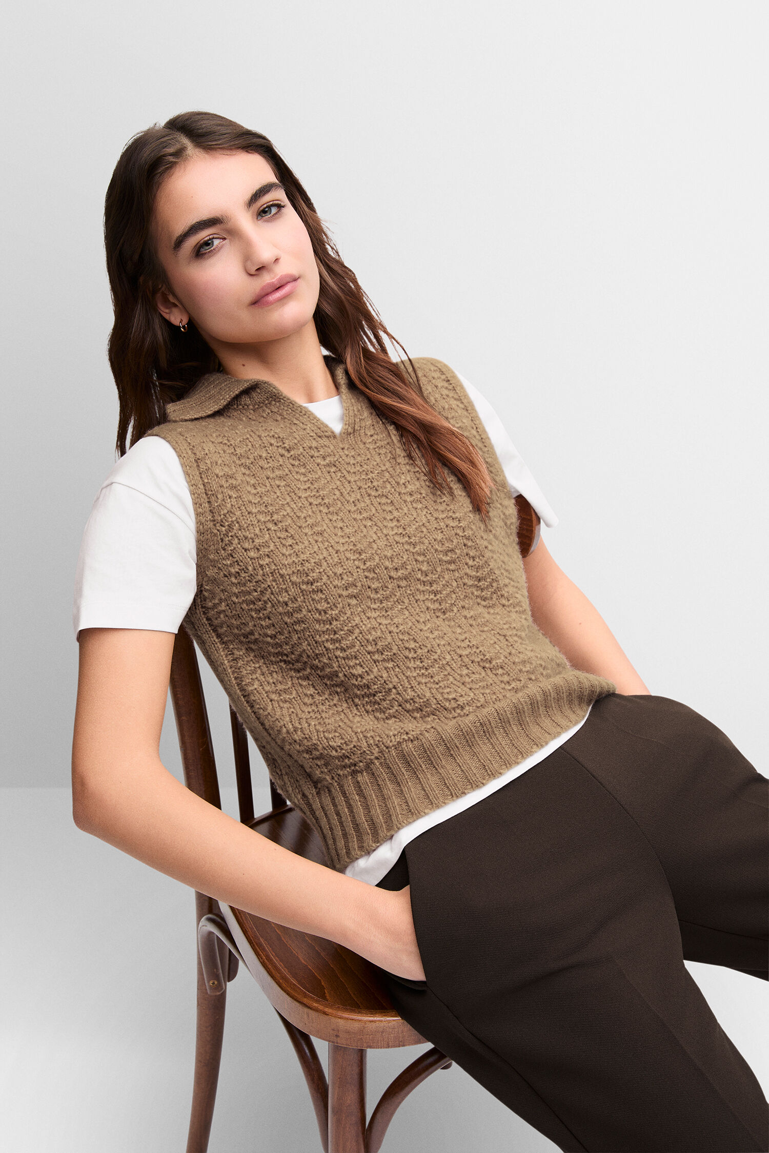 Kragenloses Strickweste, Weste, Strickstoff, Beige, Muster: Texturiert