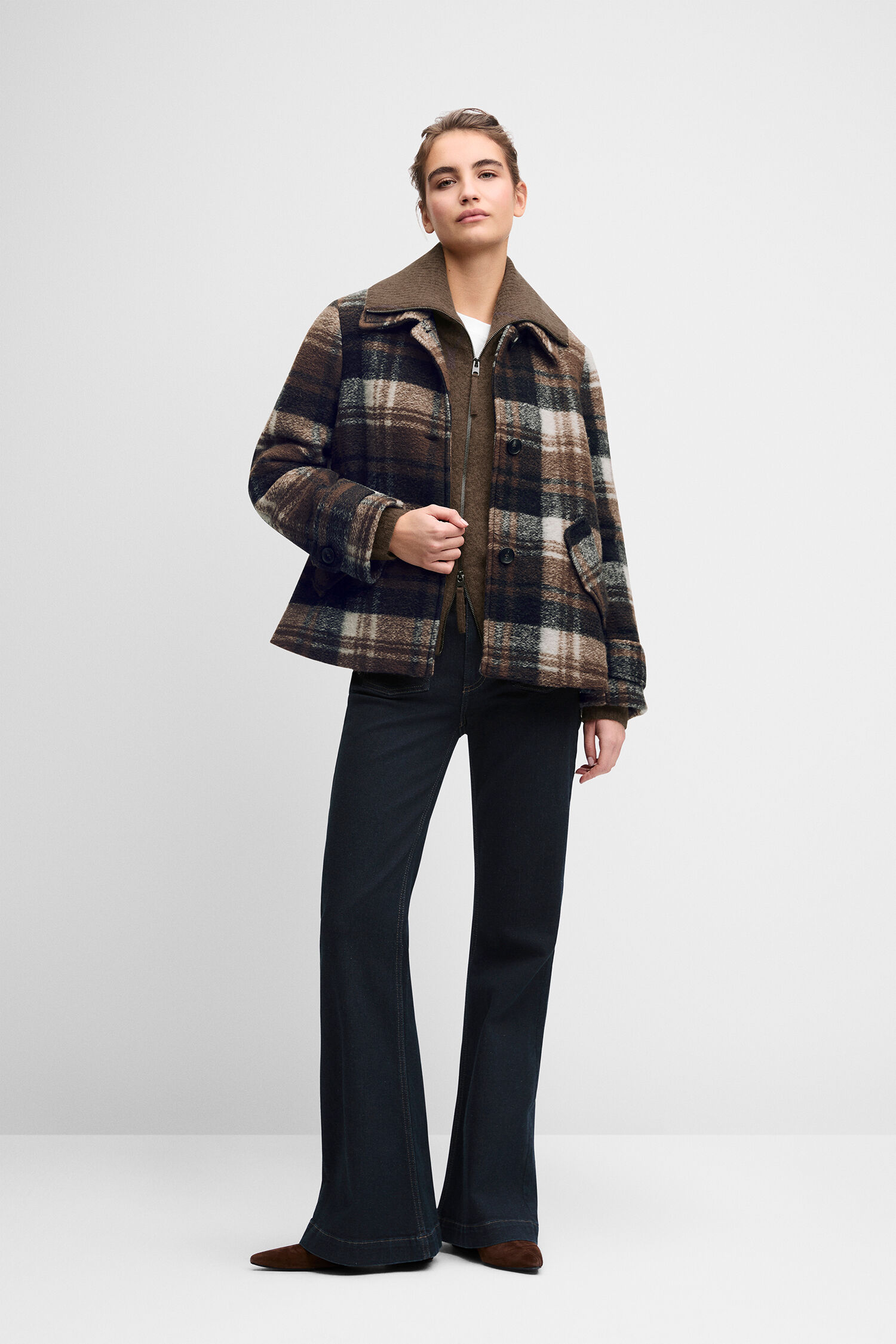 Wolljacke, Karomuster, Oversized, Reißverschluss, Flare-Hose