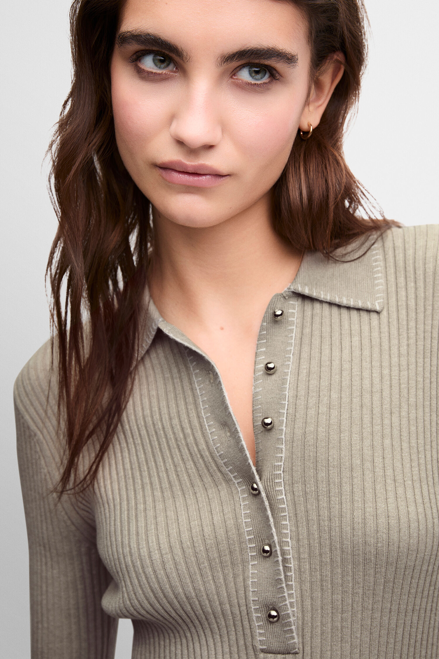 pullover, Rippstruktur, Knopfleiste, Beige, Kurzärmlig