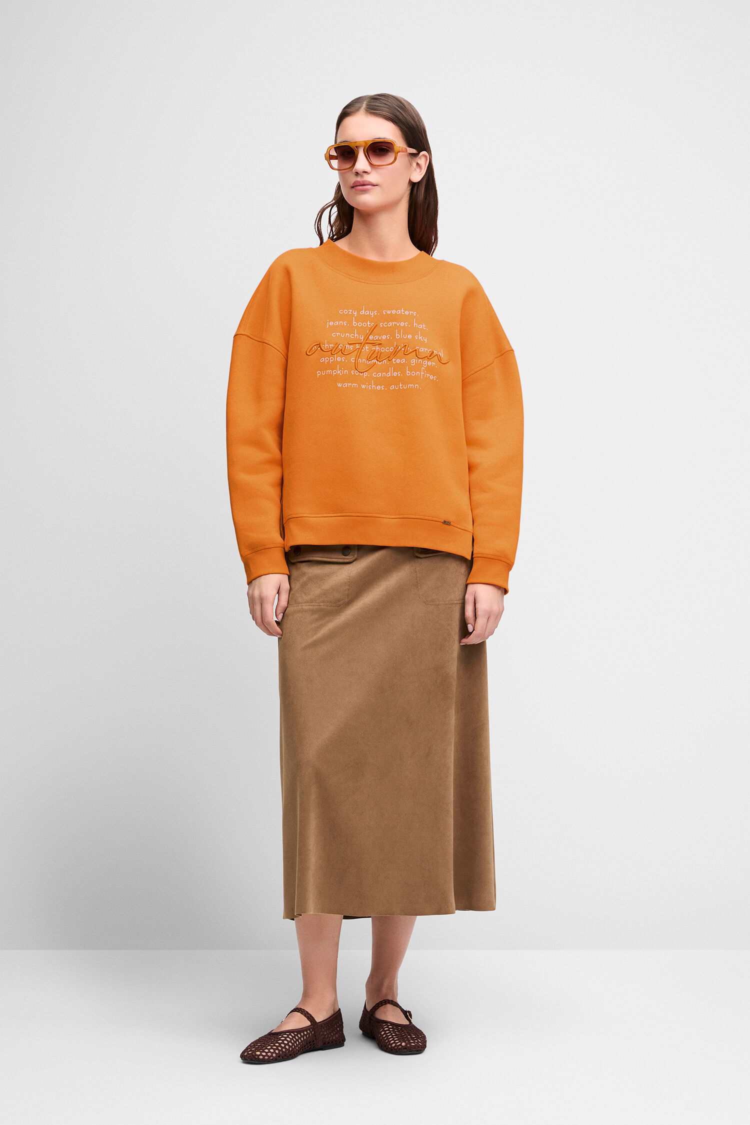 oranger Pullover, Rundhalsausschnitt, Unisex, Baumwollmix, knielanger Rock