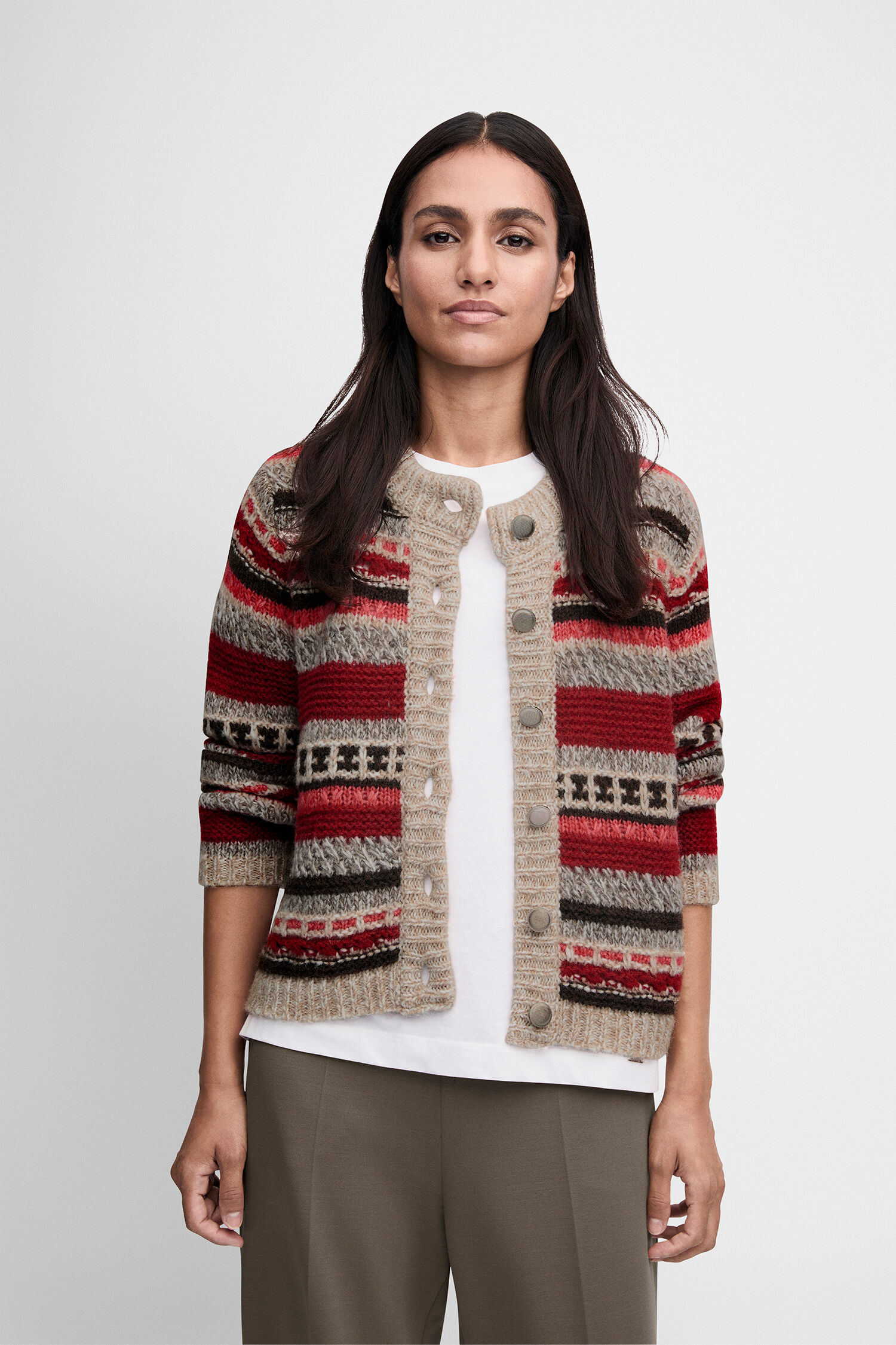Cardigan, Strickjacke, gestreiftes Muster, beige, rotbraun