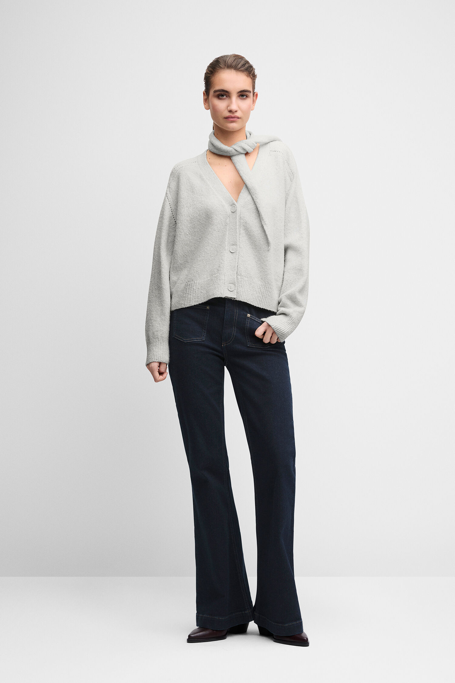 cardigan, Knit, Schal, Grau, Jeans