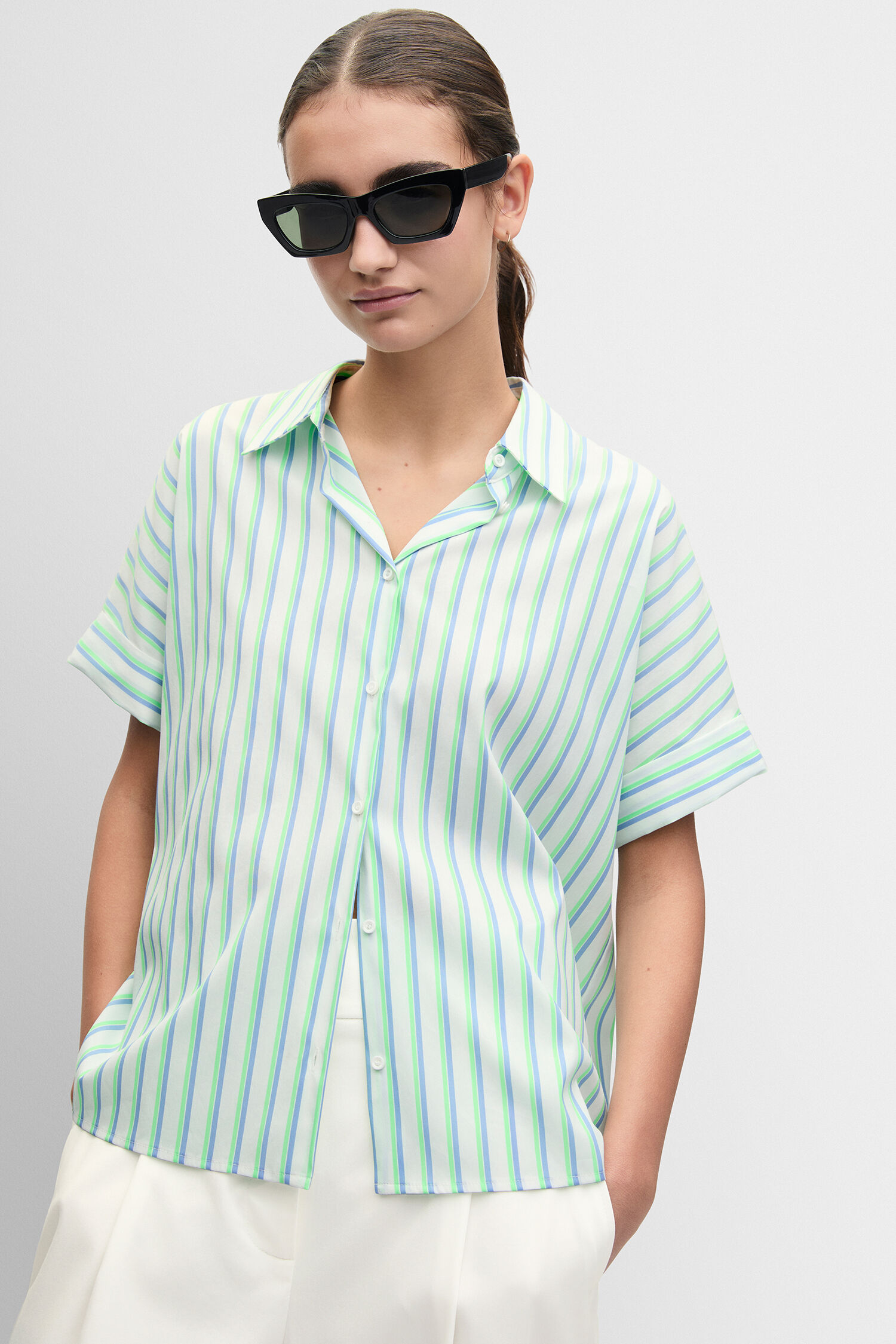 Hemd, Streifen, Kurzarm, Lichtfarben, Button-Up