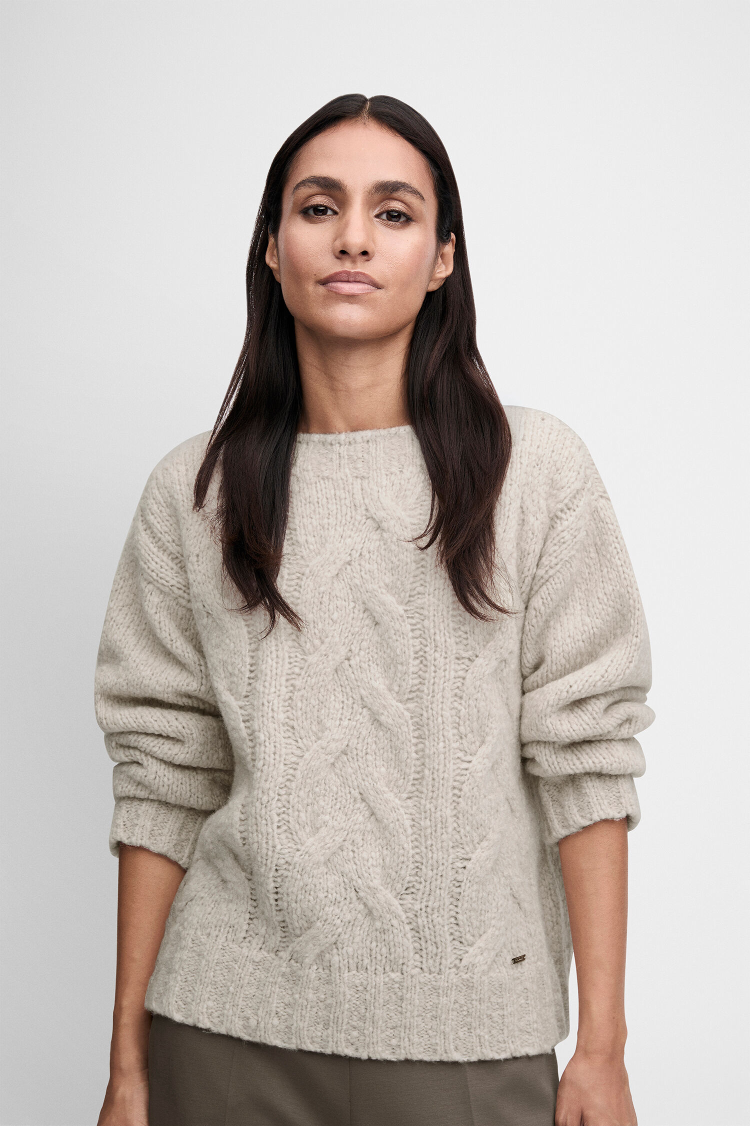 Pullover, Strickware, Kabelstrick, Beige, lange Ärmel