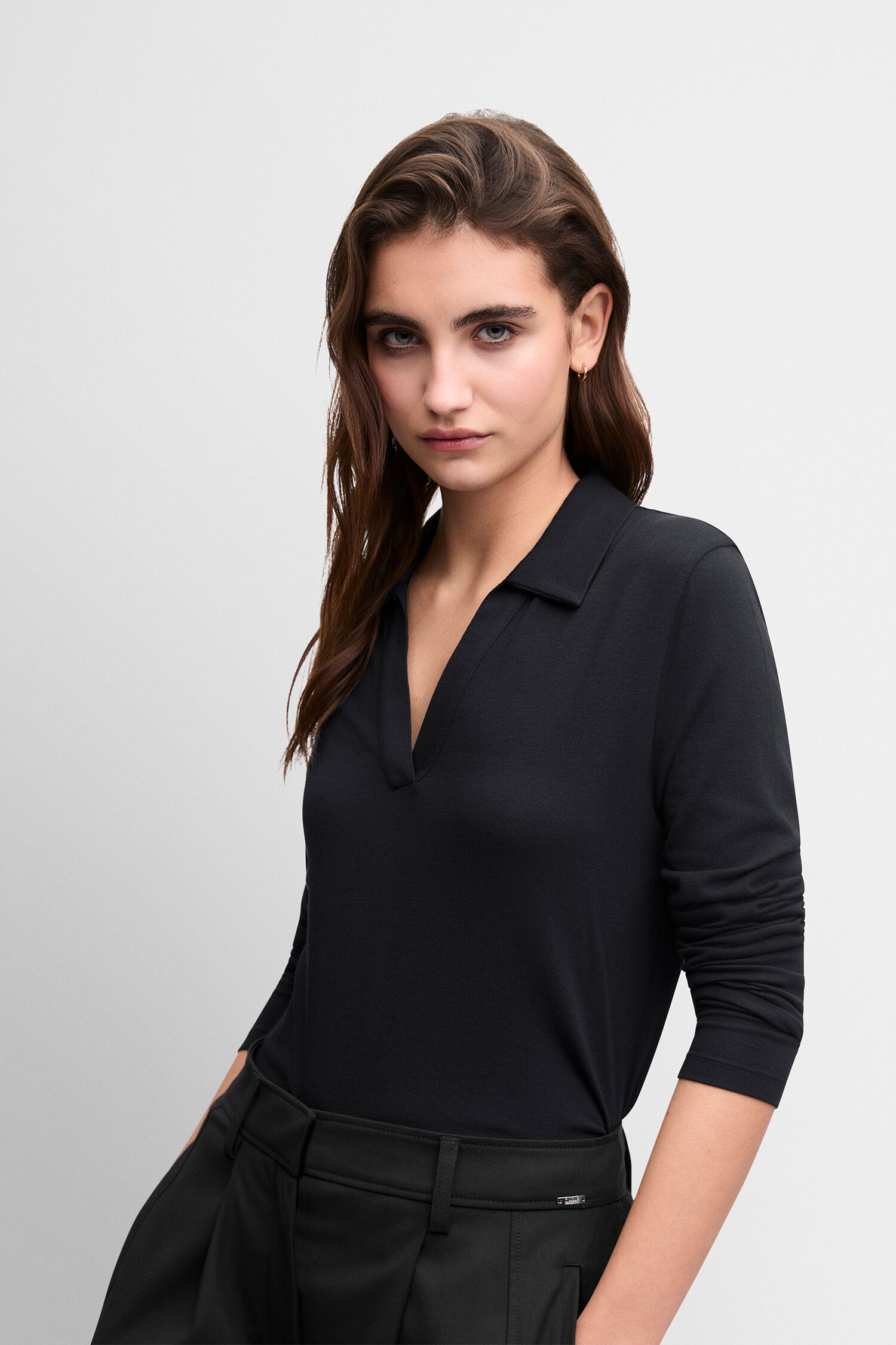 Top, Longsleeve, Schwarz, Kragen, Polo-ähnlich