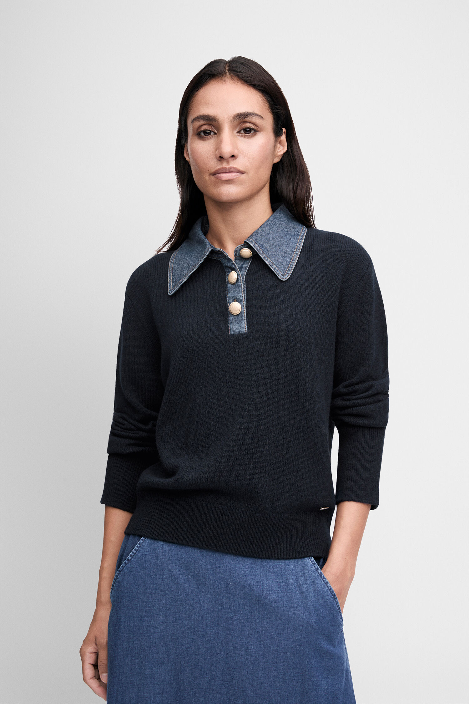 Pullover, dunkel, Kragen, Knopf, Jeans, Pullover, Kragen, Knöpfe, Dunkelblau, Wollpullover