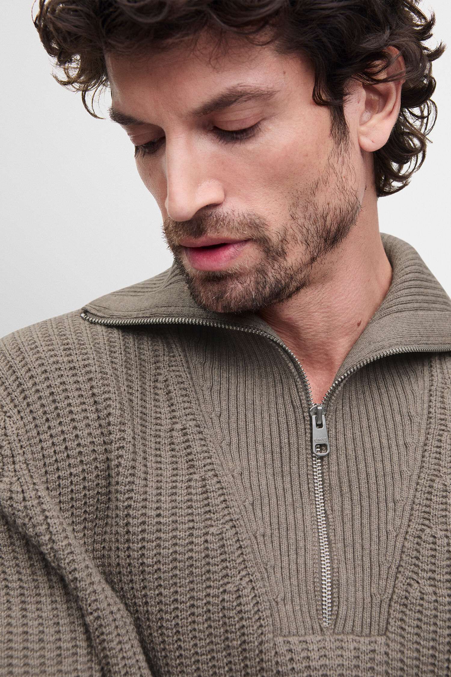 Pullover, Strickpullover, Halb-Reißverschluss, Taupe, Rippenstrick