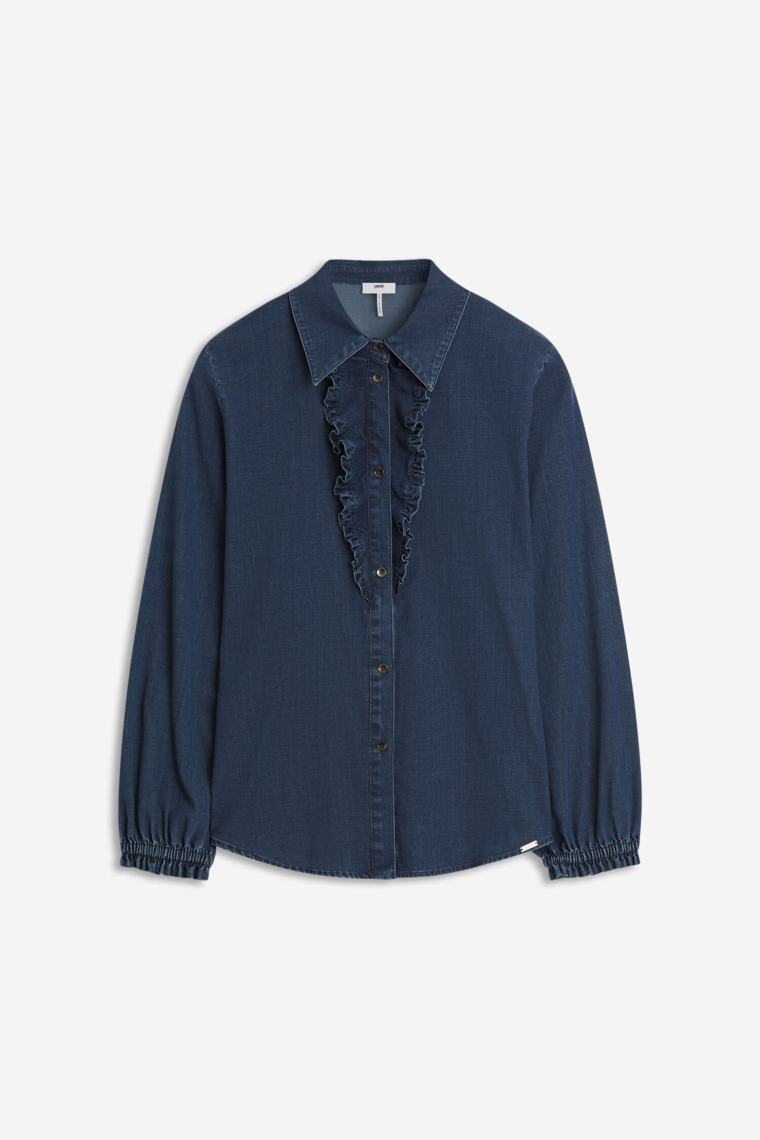 Denim, Bluse, Rüschen, Knopfleiste, Langarm