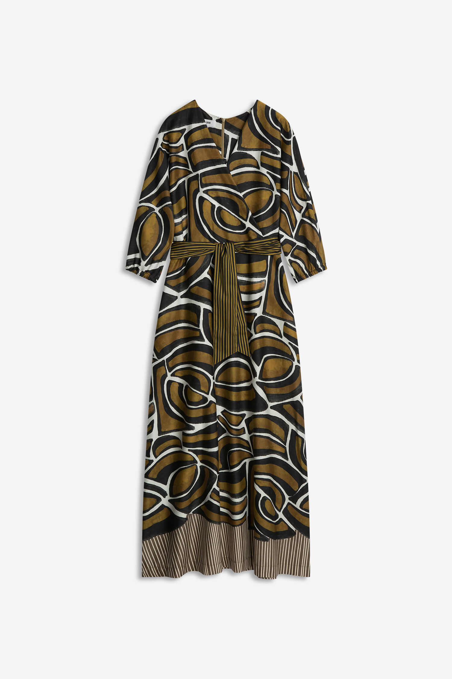 Maxi-Kleid, Gemustertes Kleid, Breiter Gürtel, V-Ausschnitt, Lange Ärmel