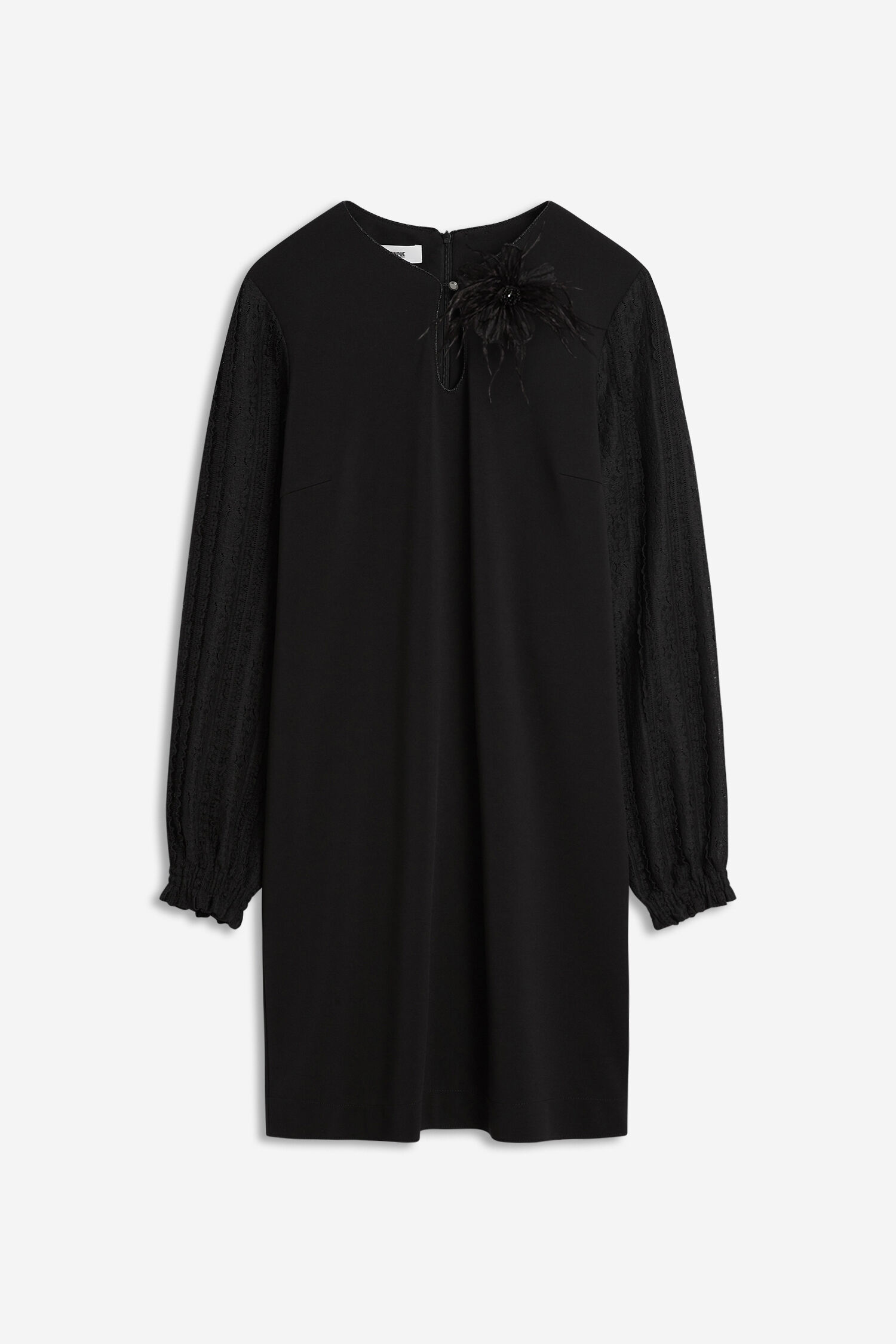Kleid, Schwarz, Rundhalsausschnitt, Blumen-Detail, Spitze