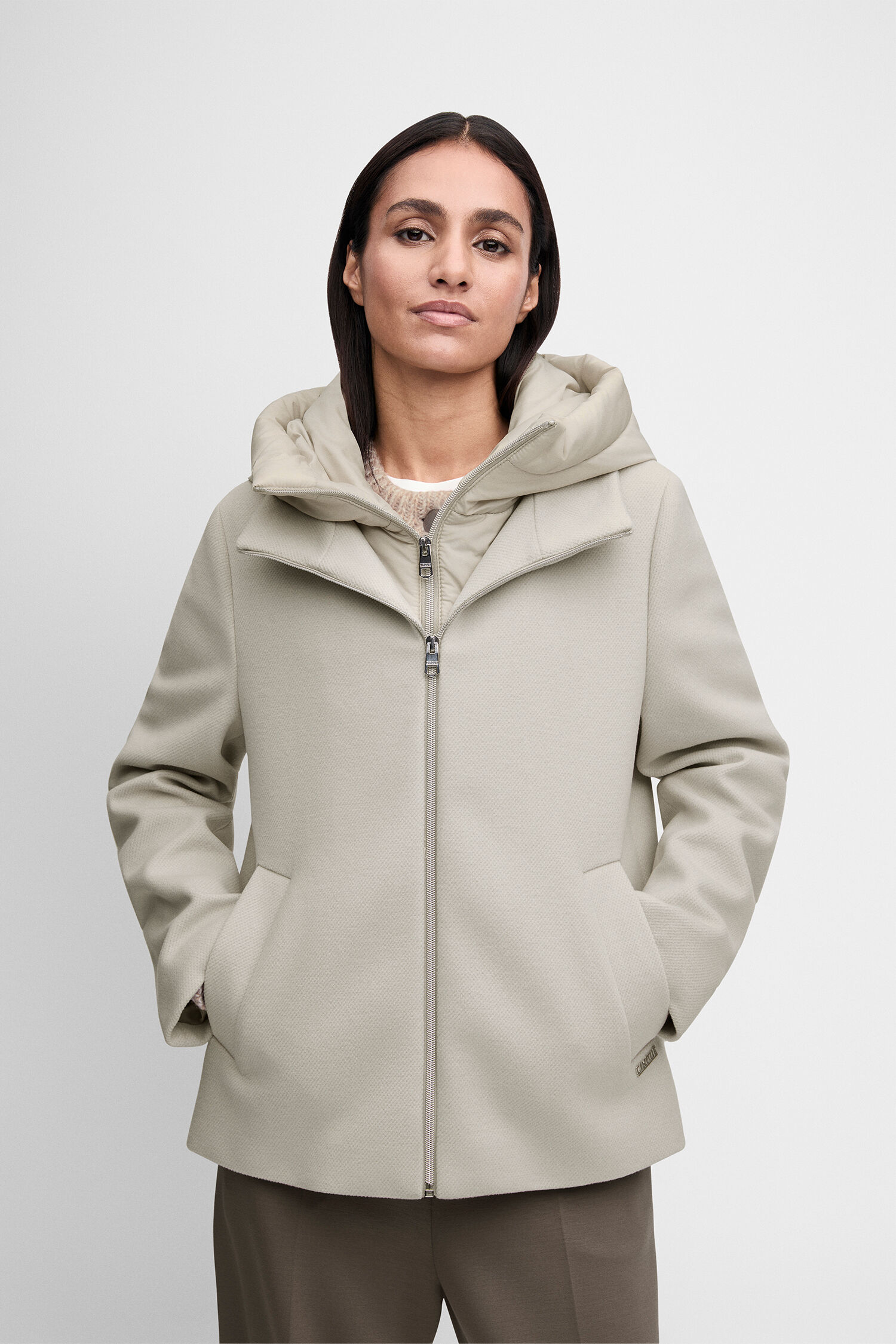 Mantel, Reißverschluss, Kapuze, Beige, Puffer