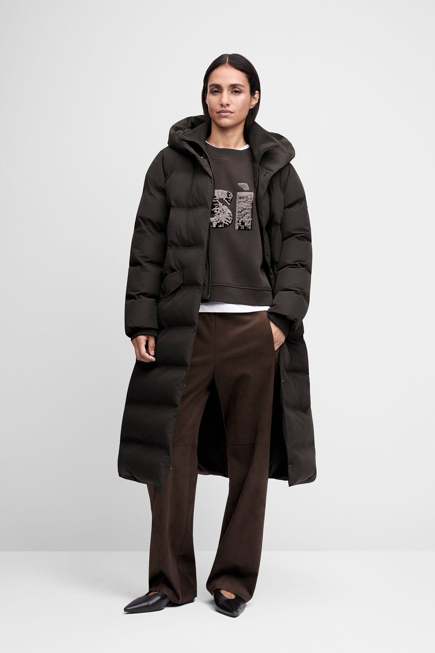 Pufferjacke, Wintermantel, Lange Jacke, Hoodie, Braun