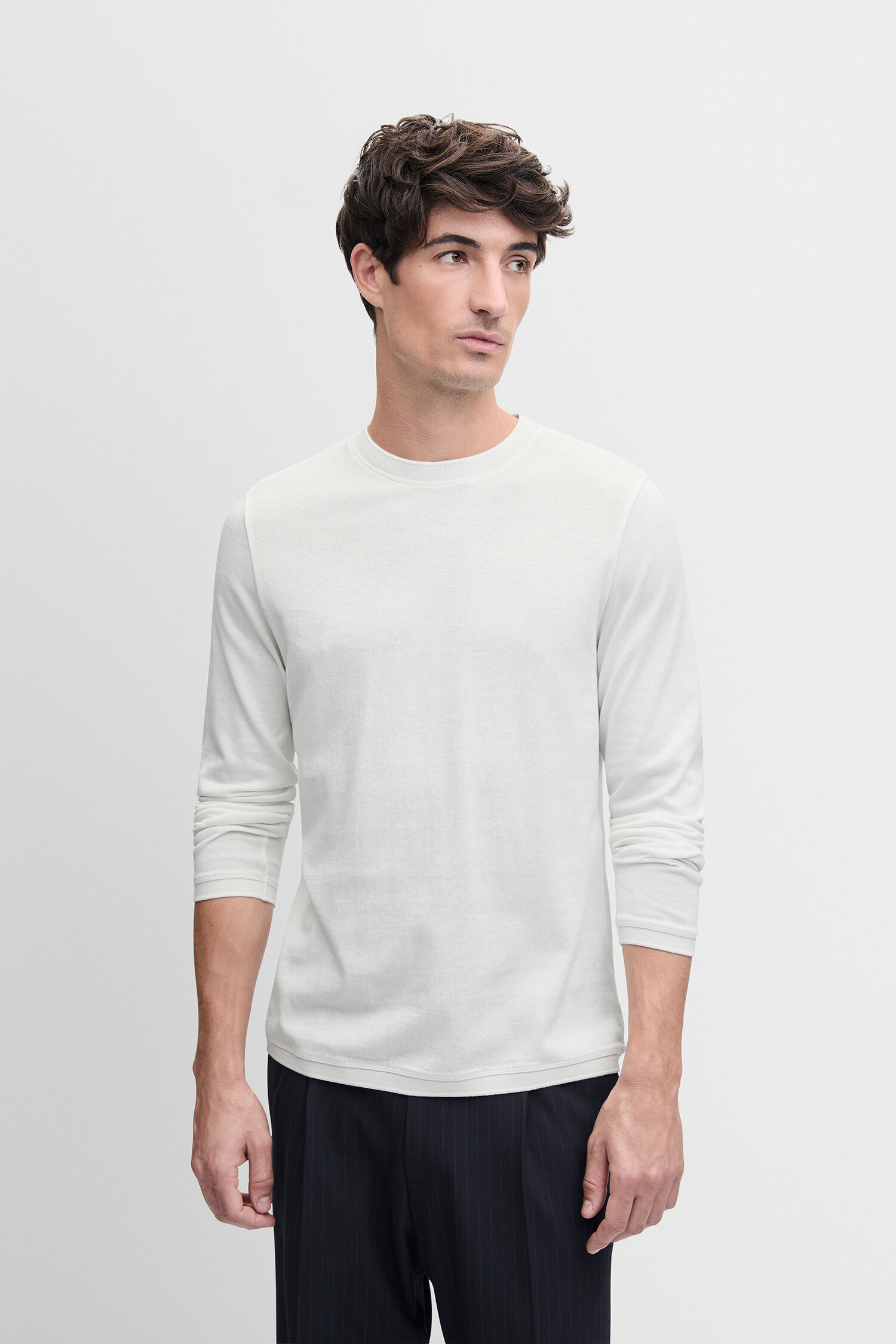 Langarmshirt, Rundhalsausschnitt, Weiß, Baumwolle, Gestrickt