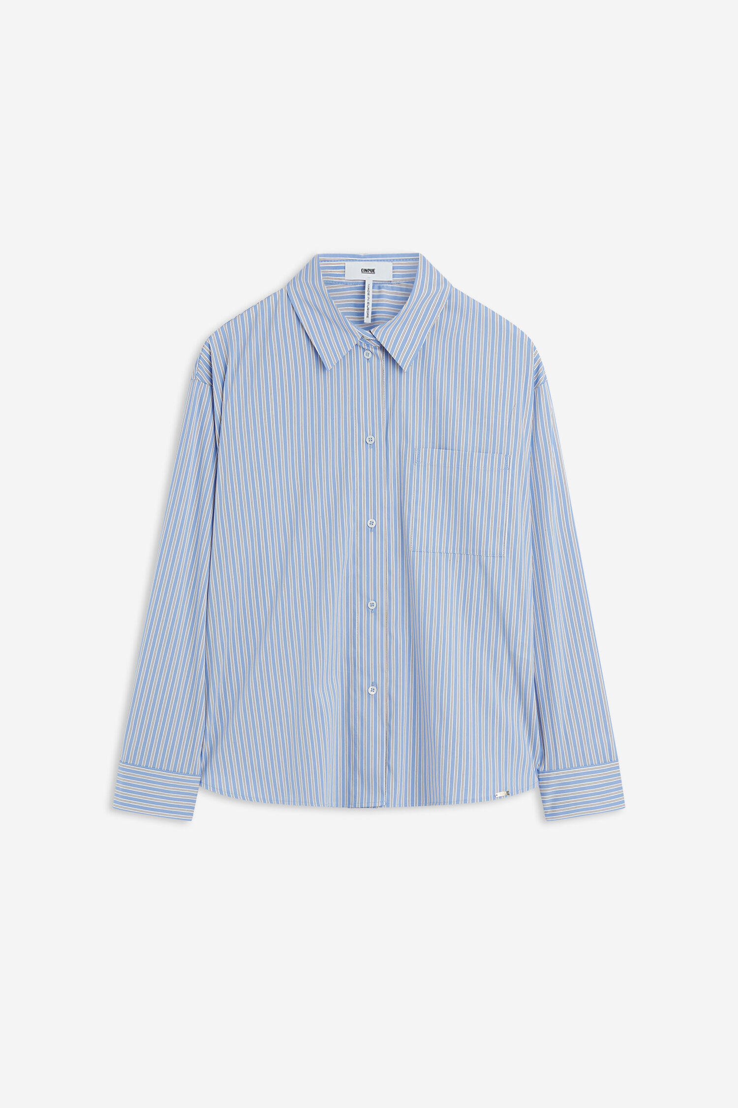 bluse, streifen, langärmlig, knopfleiste, aufgesetzte tasche