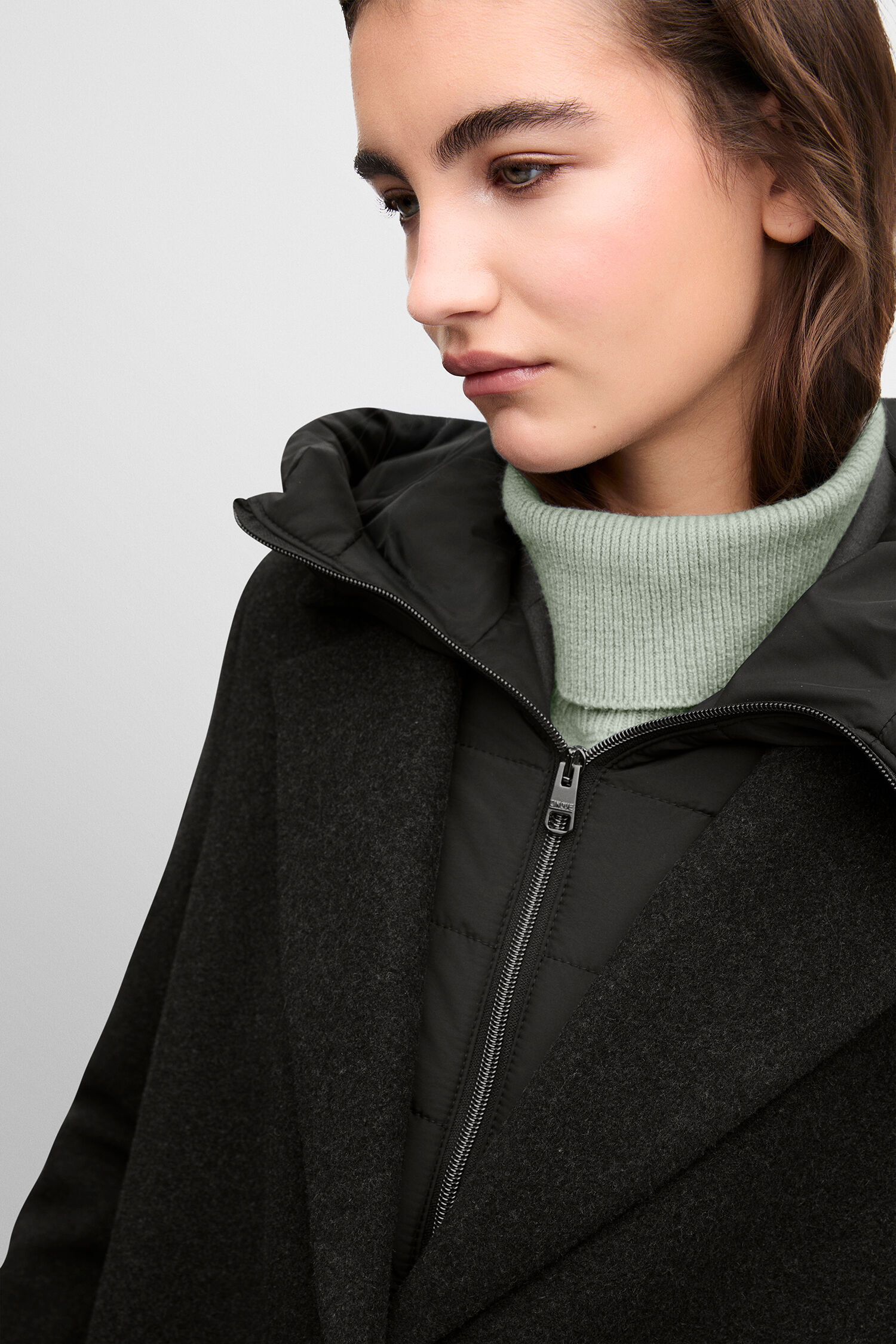 Mantel, Dunkelgrau, Lange Jacke, Knopfverschluss, Kapuze