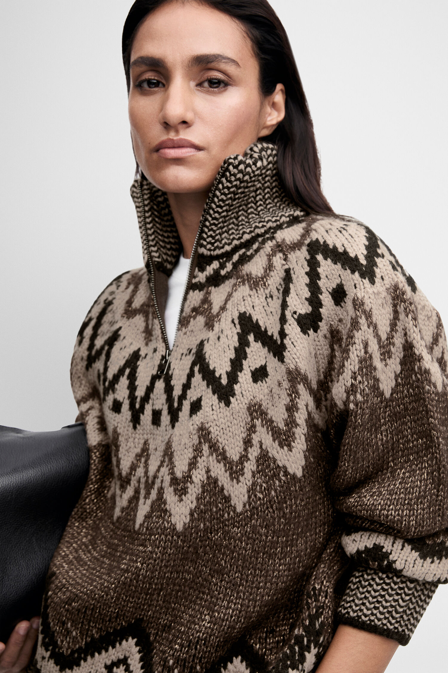Wollpullover, Zickzackmuster, Rollkragen, BraunBeige, Oversize