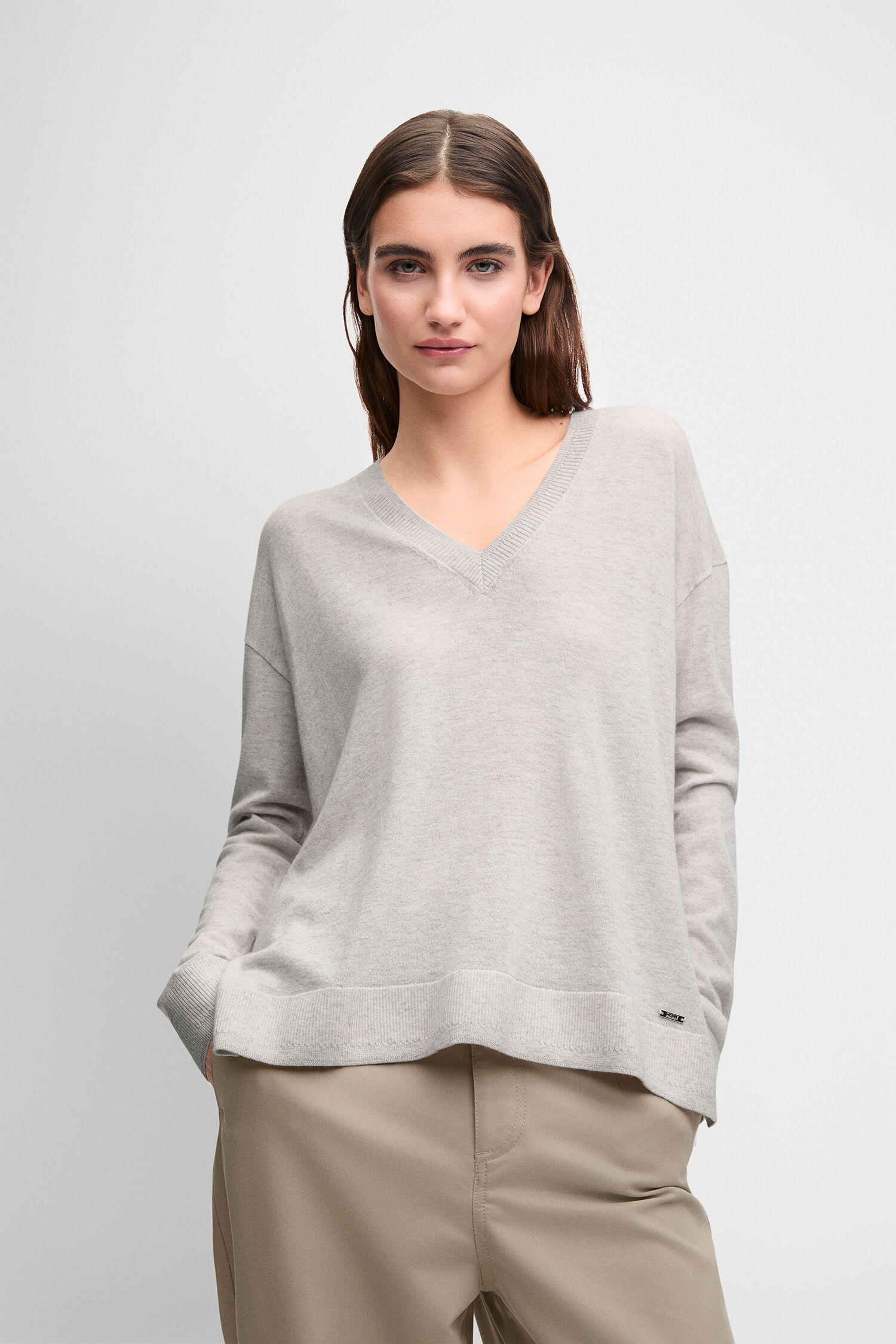V-Ausschnitt, Knit-Sweater, Langarm, Beige, Casual-Fit