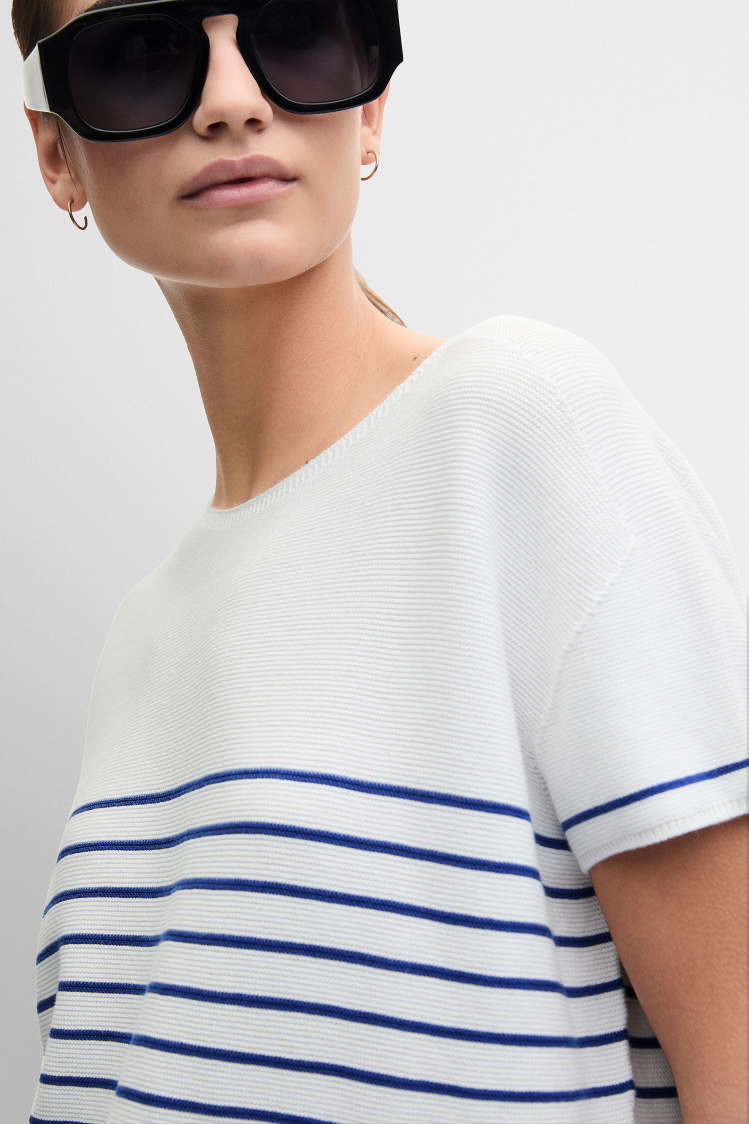 Strickpulli, Streifenmuster, Kurzarmpullover, Weiß, Blau