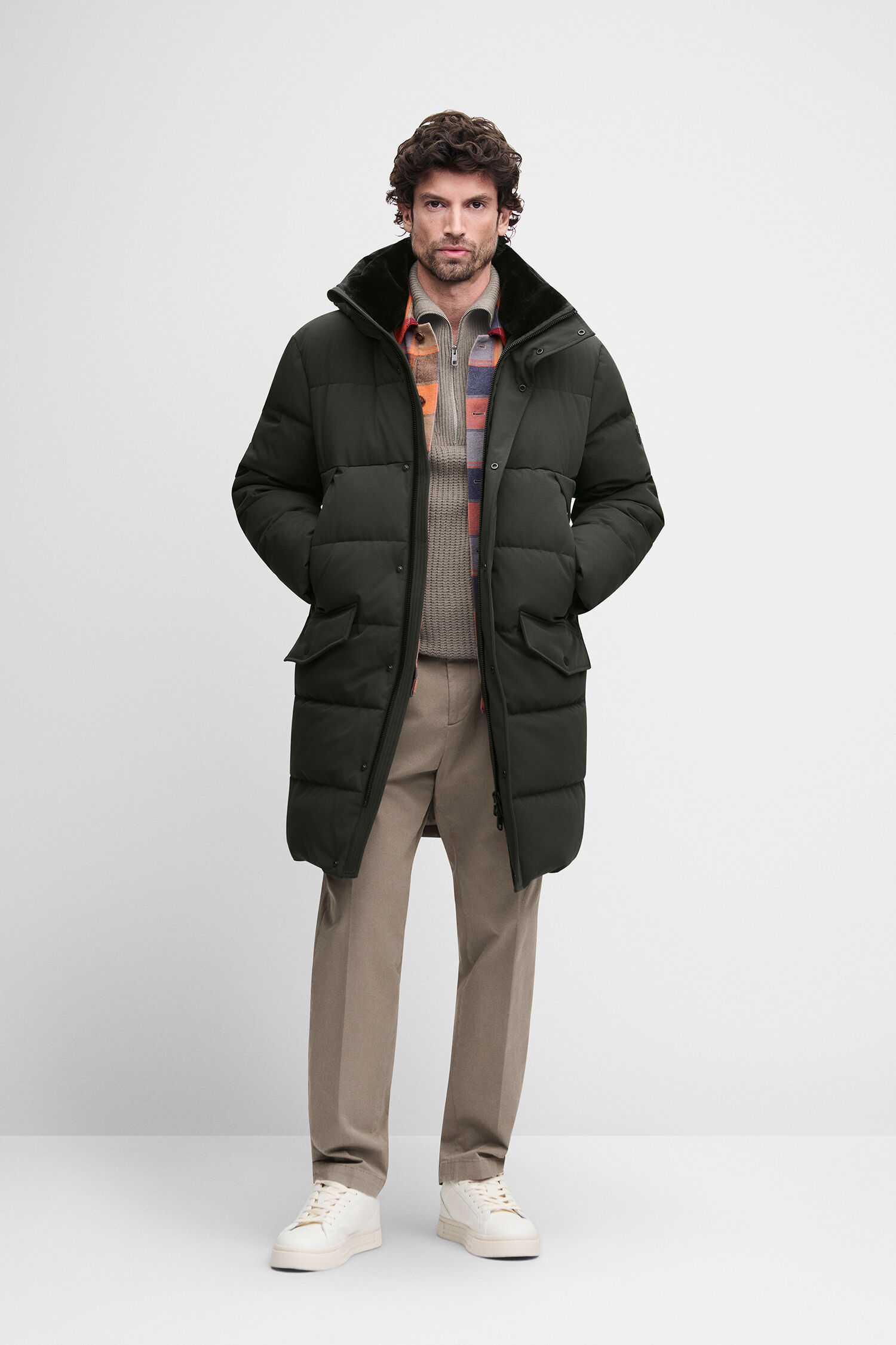 Pufferjacke, Daunenmantel, Lange Jacke, Khakigrün, Klappe Taschen