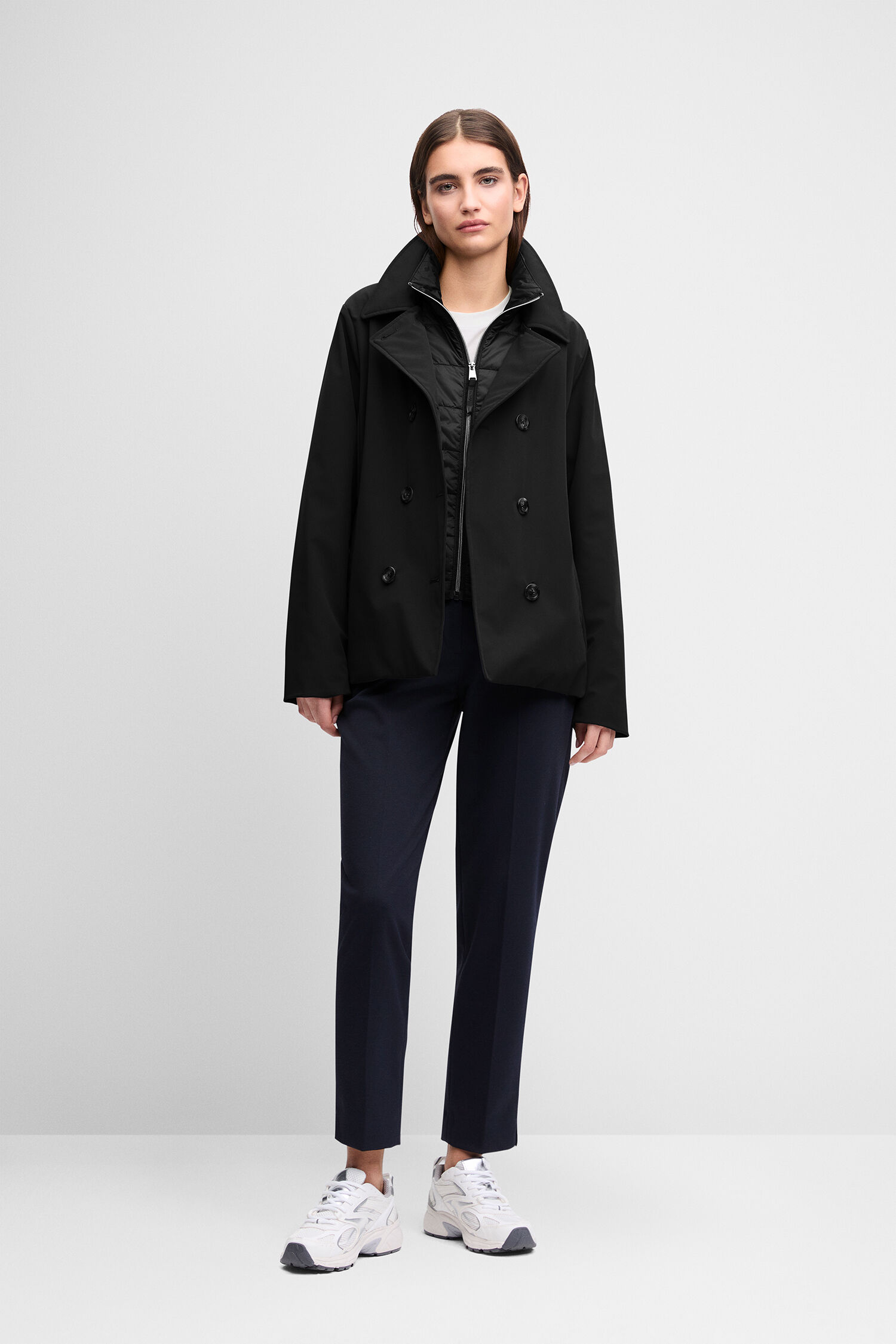 jacke, peacoat, schwarz, doppelt-knöpft, revers
