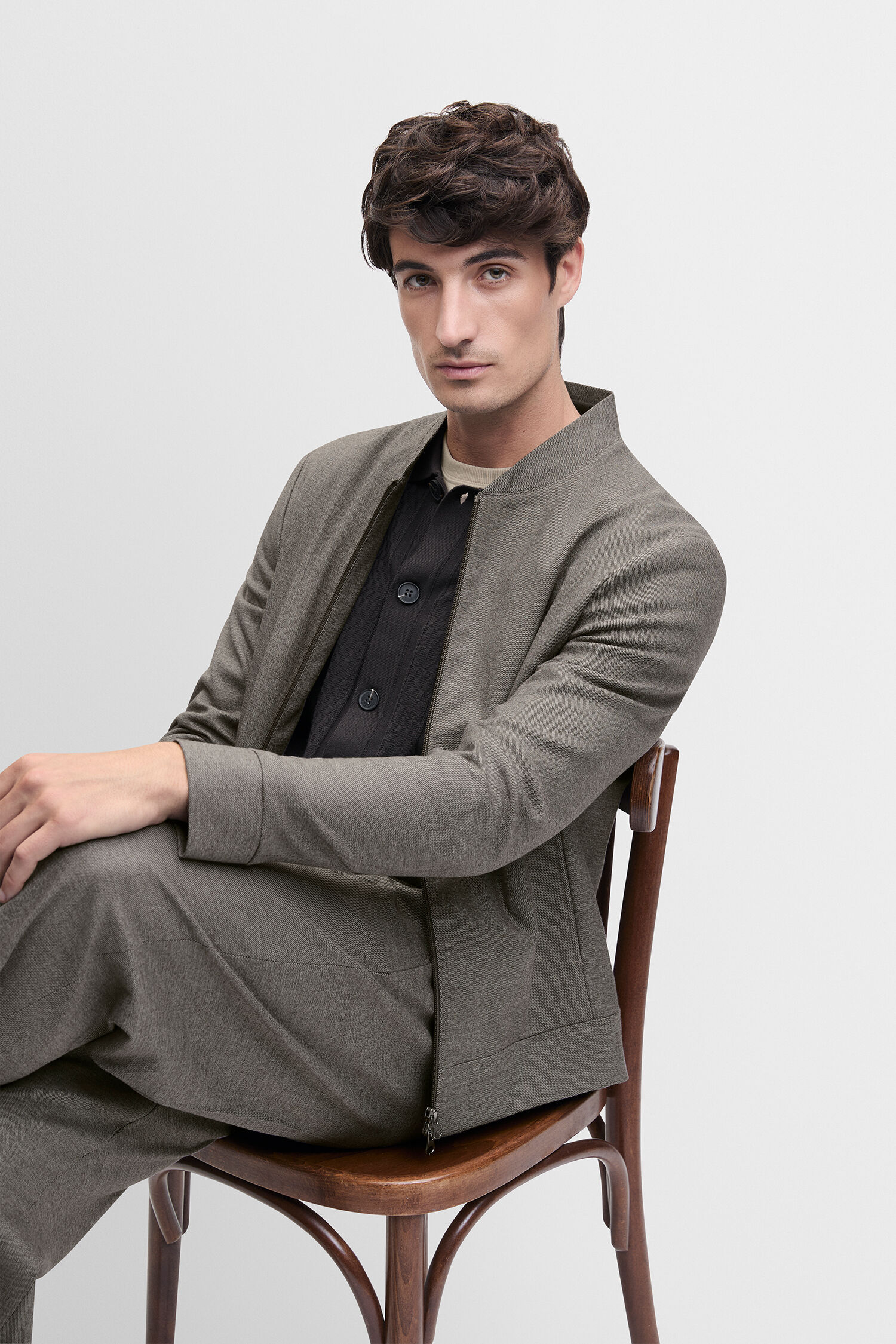 Männerjacke, Blouson, Grau, Kragenlos, Knöpfe