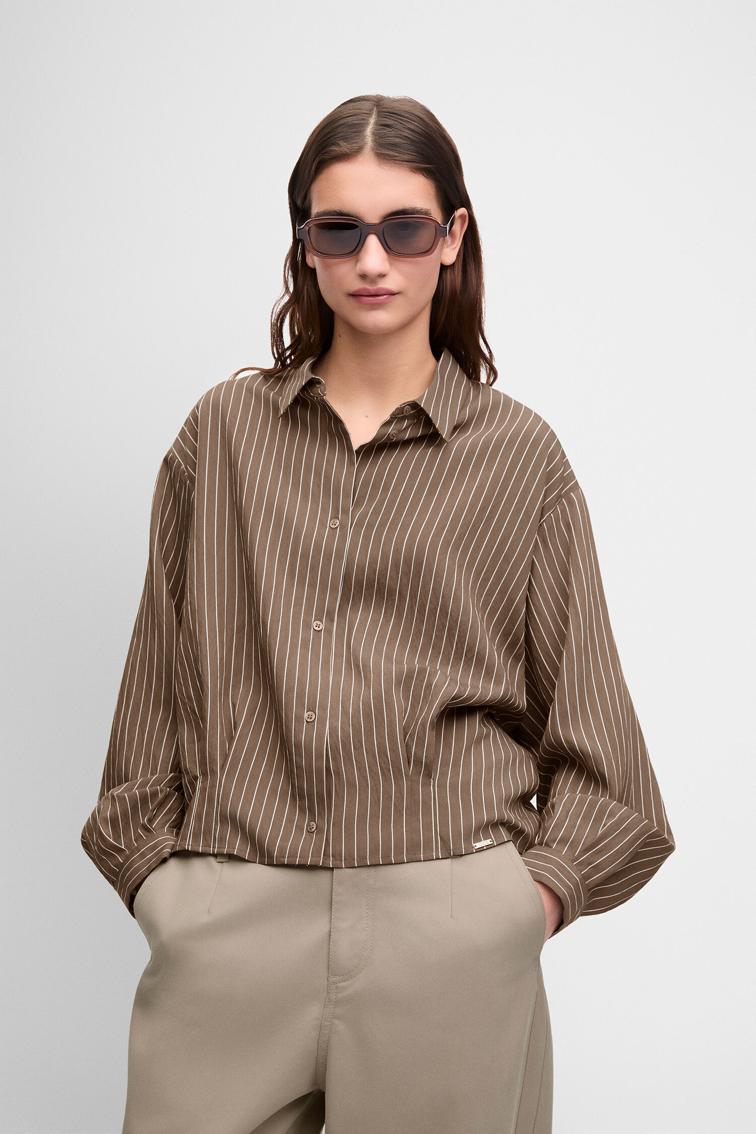 Hemd, Streifen, Langarm, Beige, Sonnenbrille