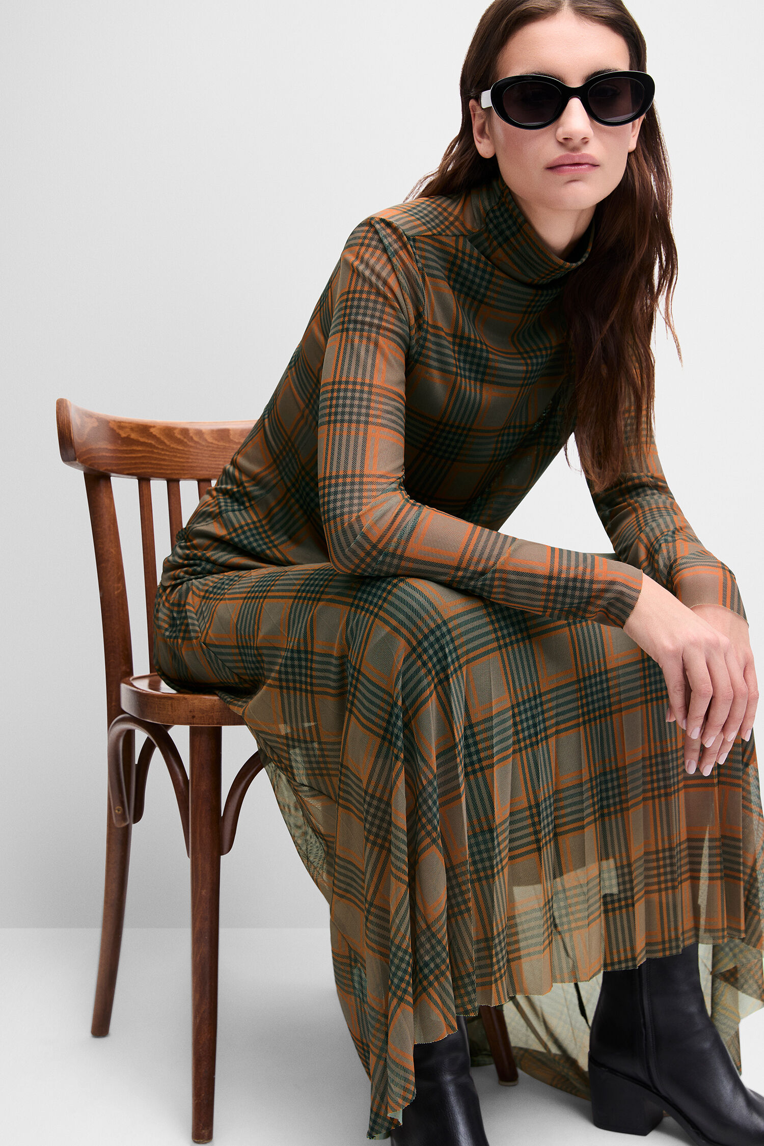 Plaid, Kleid, Rollkragen, Tüll/Rock-ähnlich, Schwarz-booties