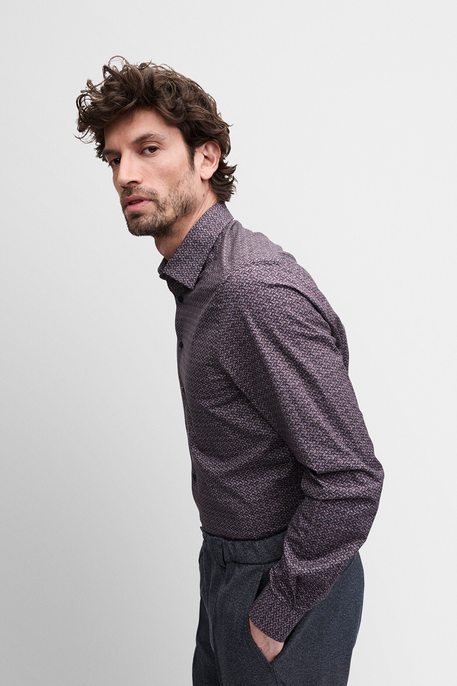 Button-Down, gemustertes Hemd, langarm, lila, Kragen
