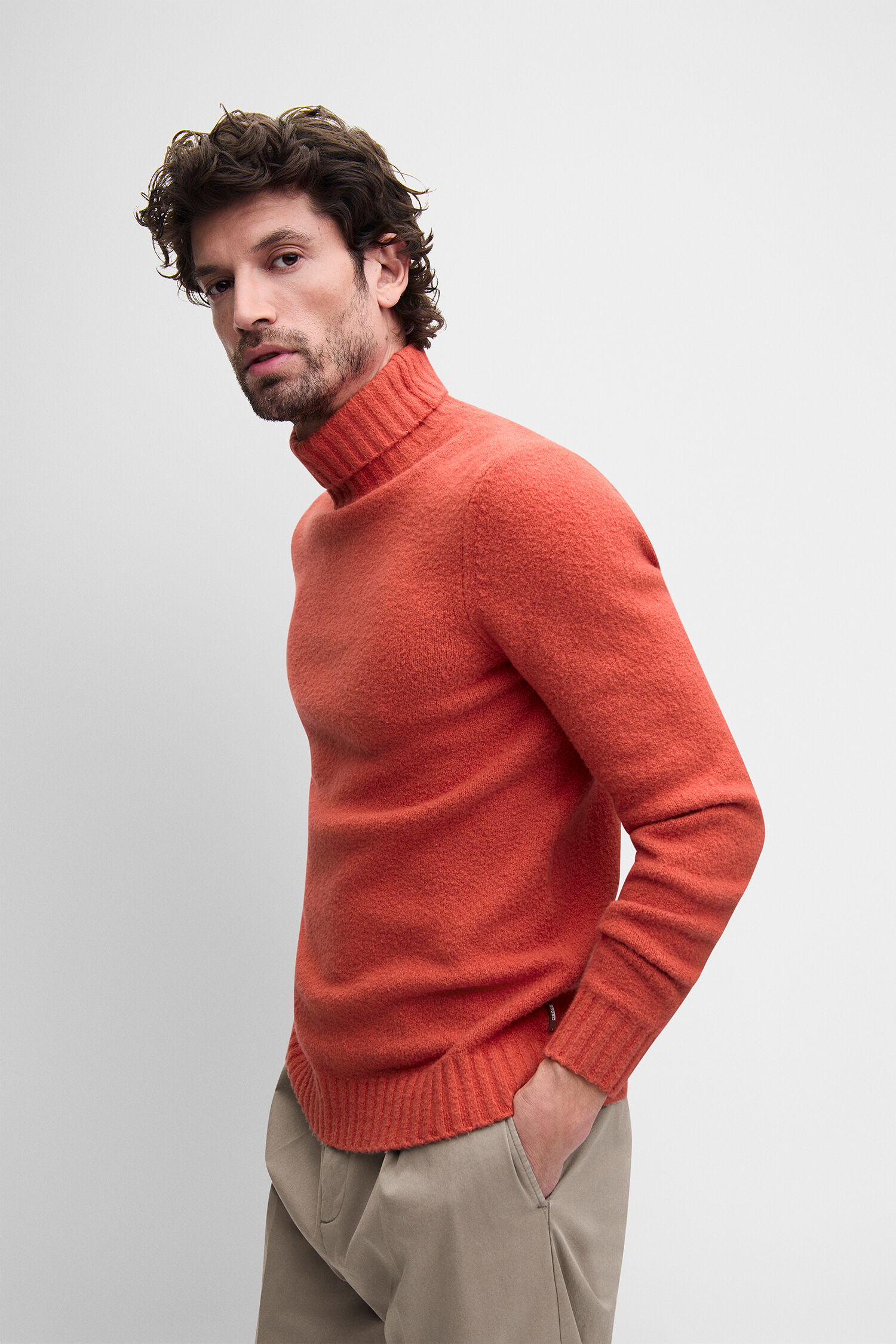 turtleneck, sweater, knit, orange, long-sleeve
