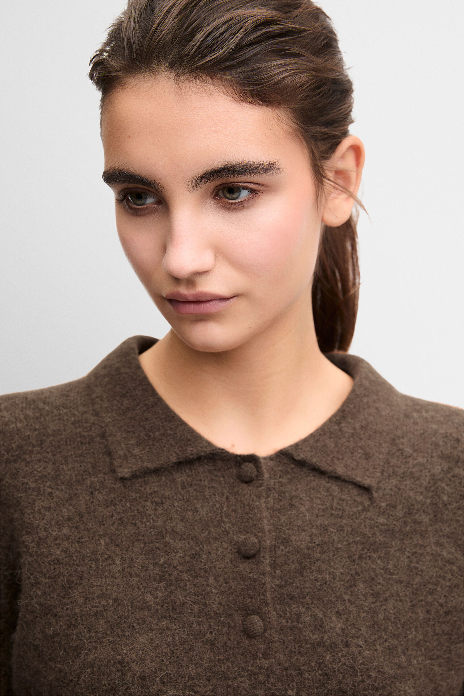 braun, polohemd, kurzärmig, wollig, strickpullover