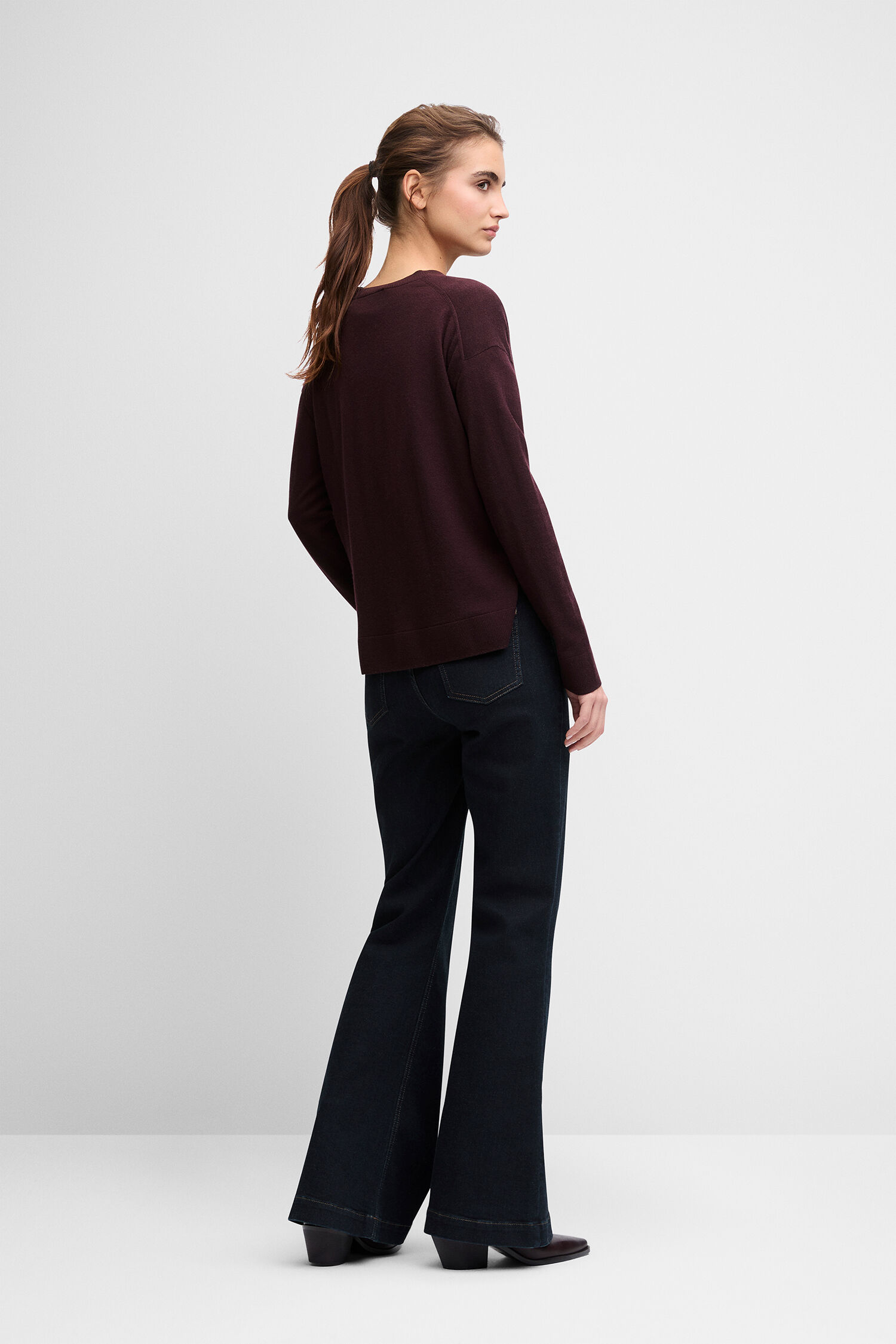 Pullover, Langarm, Weinrot, Oversize, Jeanshose