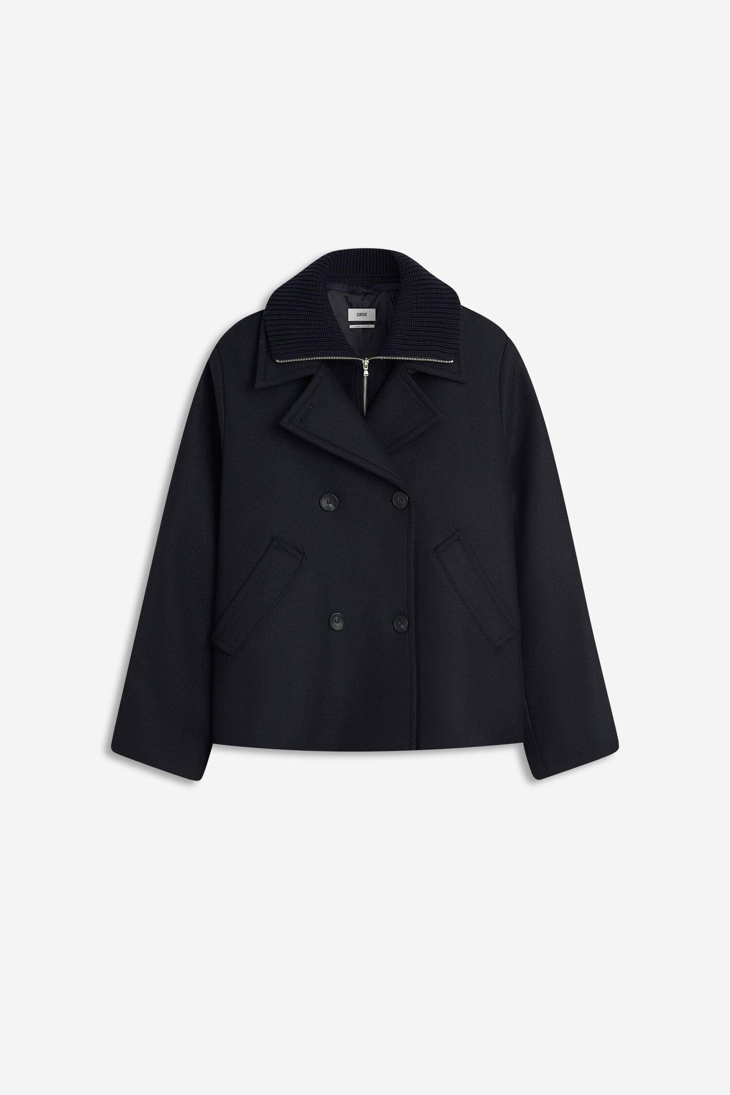 dunkelblauer Mantel, Knopfjacke, Doppelknopf, Kragen mit Rippenstrick?, Paspel Taschen