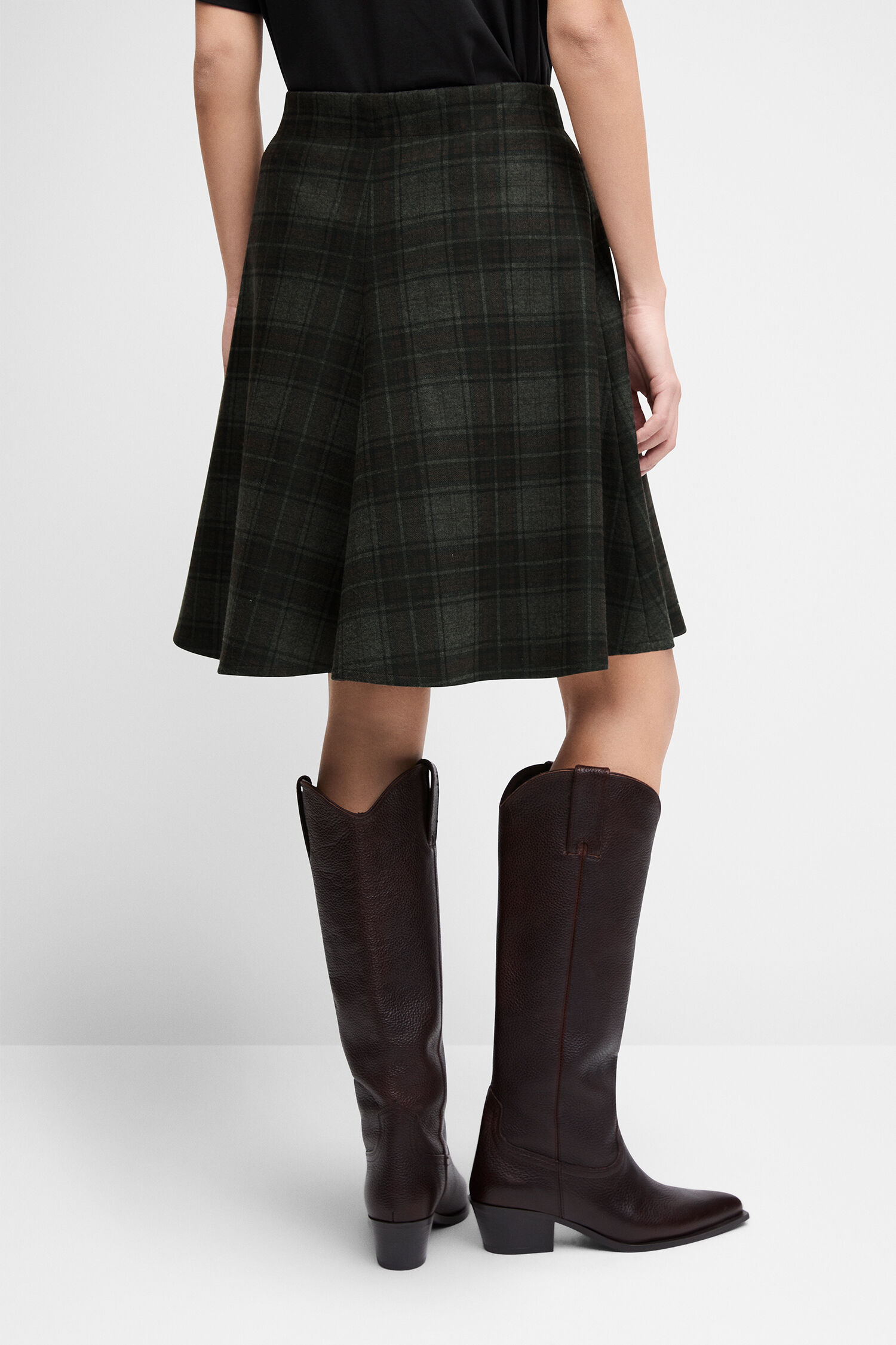 Gerader Rock, Karo Muster, Wadenhohe Boots, Leder Boots, Dark Green