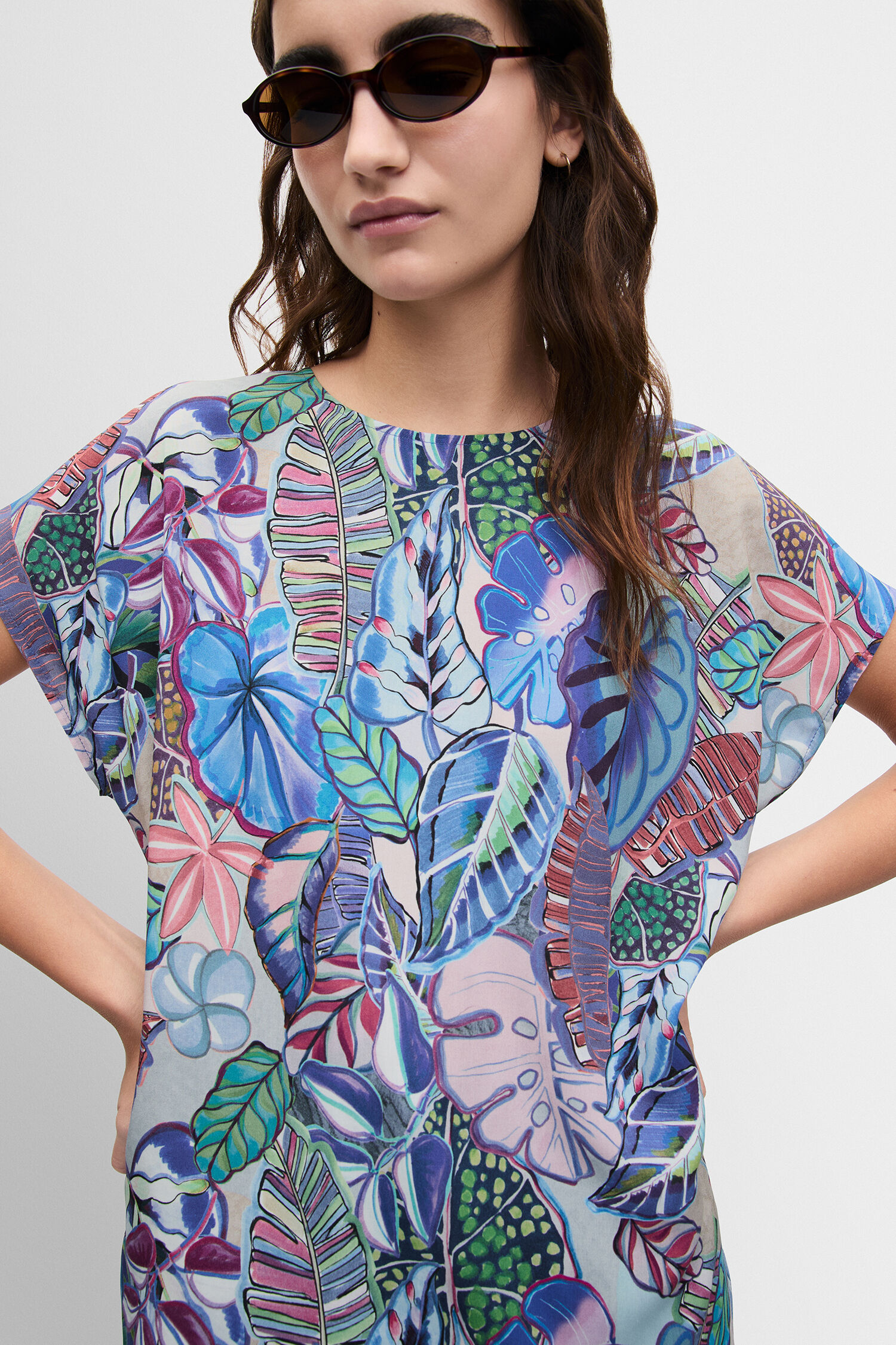 bluse, shirt, print, blattmuster, kurzärmlig